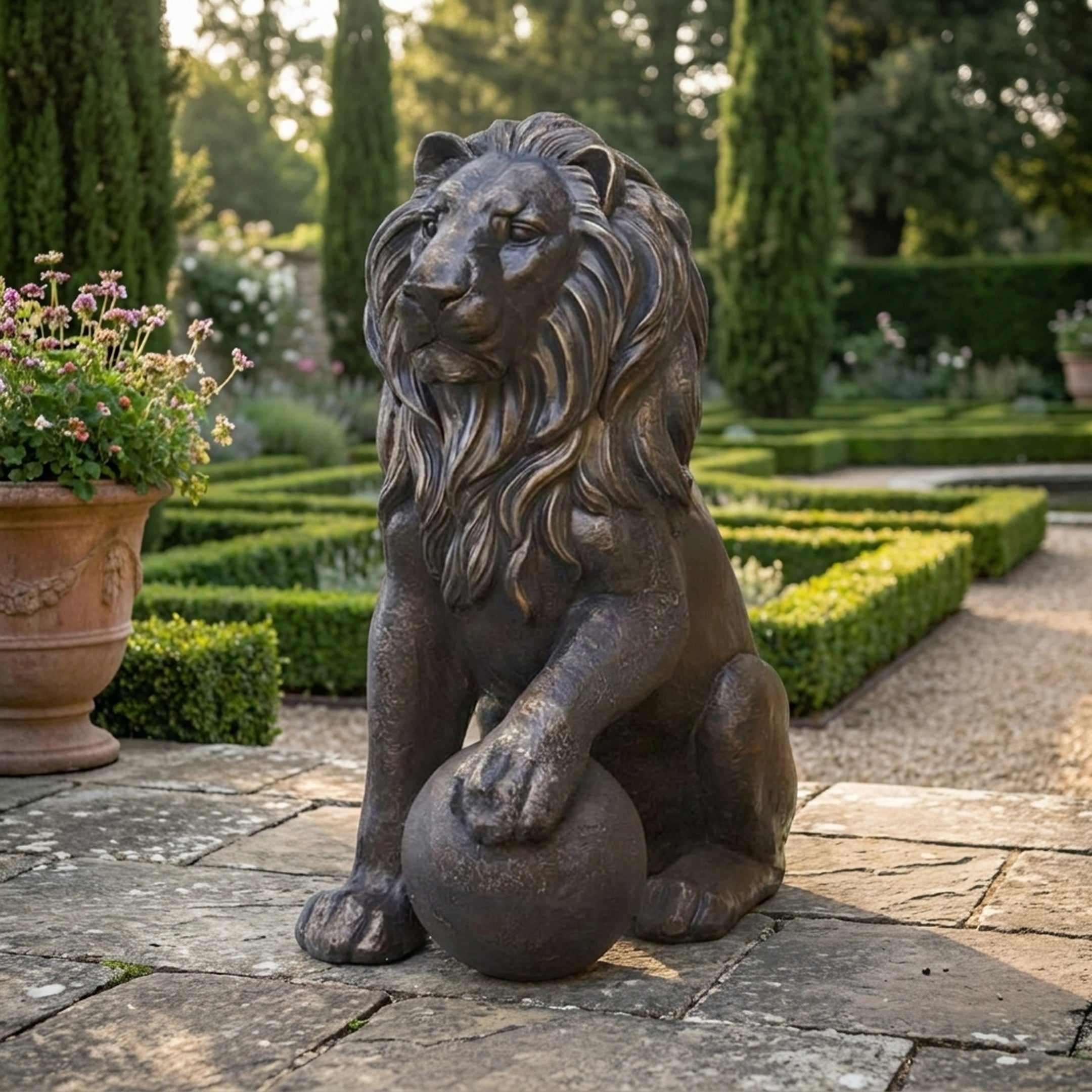 Large Traditional Seated Lion Bronze Sculpture by Giant Sculptures, 120cm, with paw on sphere and dark antique finish, displayed in a formal hedged garden.