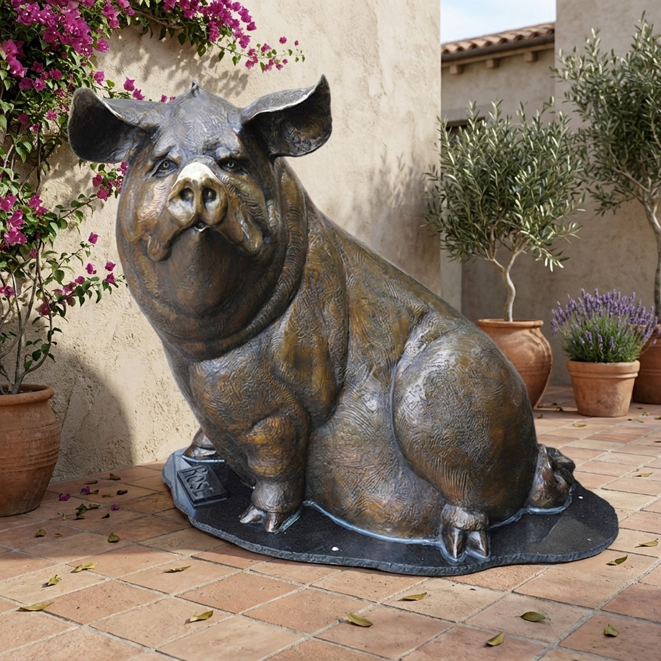 Large Traditional Seated Pig Bronze Sculpture by Giant Sculptures displayed on a terracotta-tiled patio beside bougainvillea, olive trees, and lavender.
