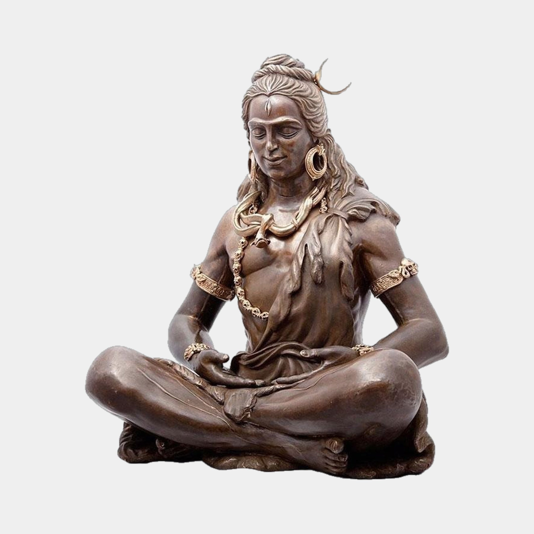Large Traditional Shiva Meditation Bronze Sculpture by Giant Sculptures, seated in padmasana with gold-tone crown, earrings, and mala, on a plain background.