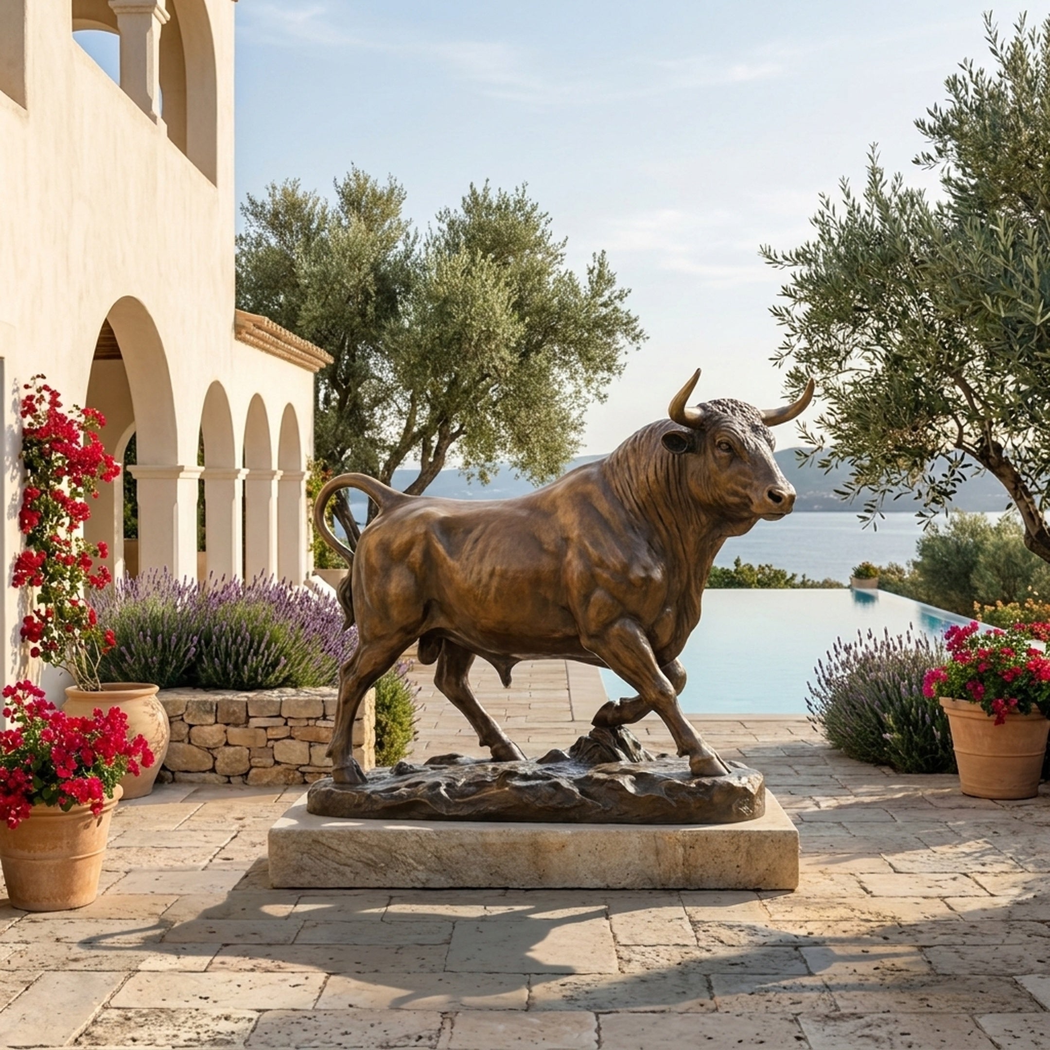 Large Traditional Striding Bull Bronze Sculpture by Giant Sculptures on a stone plinth beside an infinity pool, with olive trees, lavender, and sea view.