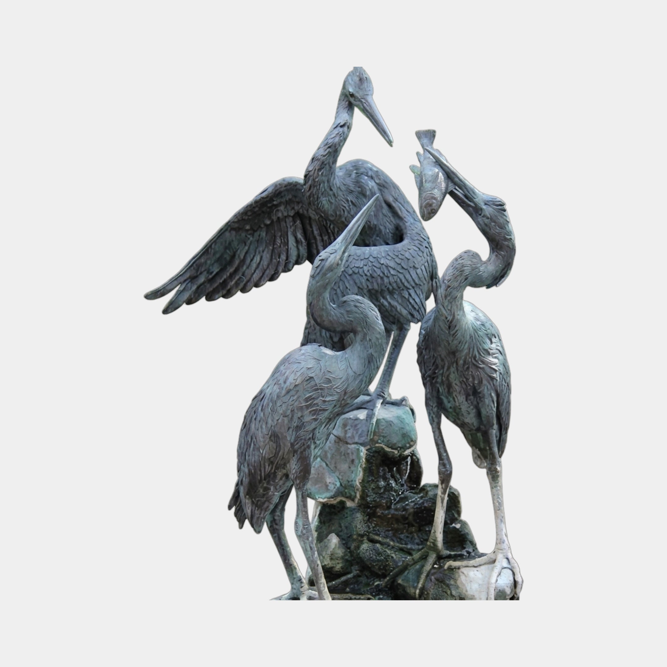 Large Traditional Three Herons Bronze Fountain by Giant Sculptures, 180cm, with verdigris patina, one heron holding a fish above a rocky base, shown on plain background.