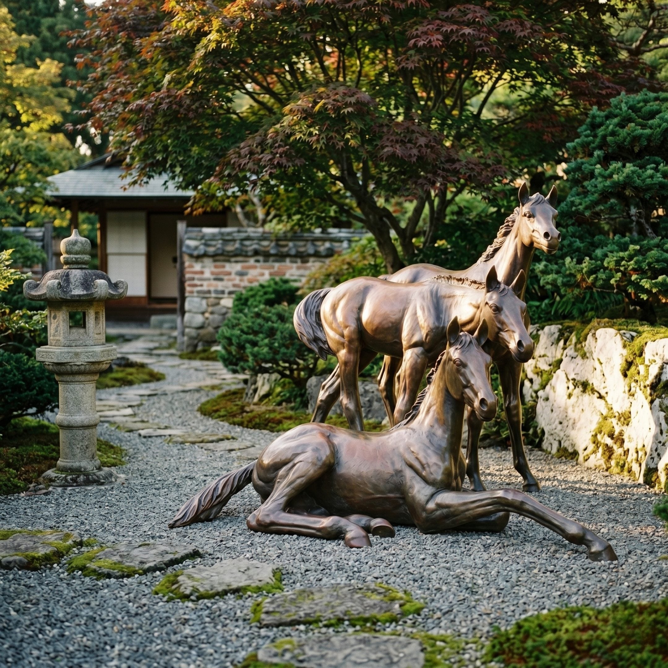 Large Traditional Three Horses Bronze Sculpture by Giant Sculptures in warm amber patina, set on gravel in a Japanese garden beside a stone lantern and maples.