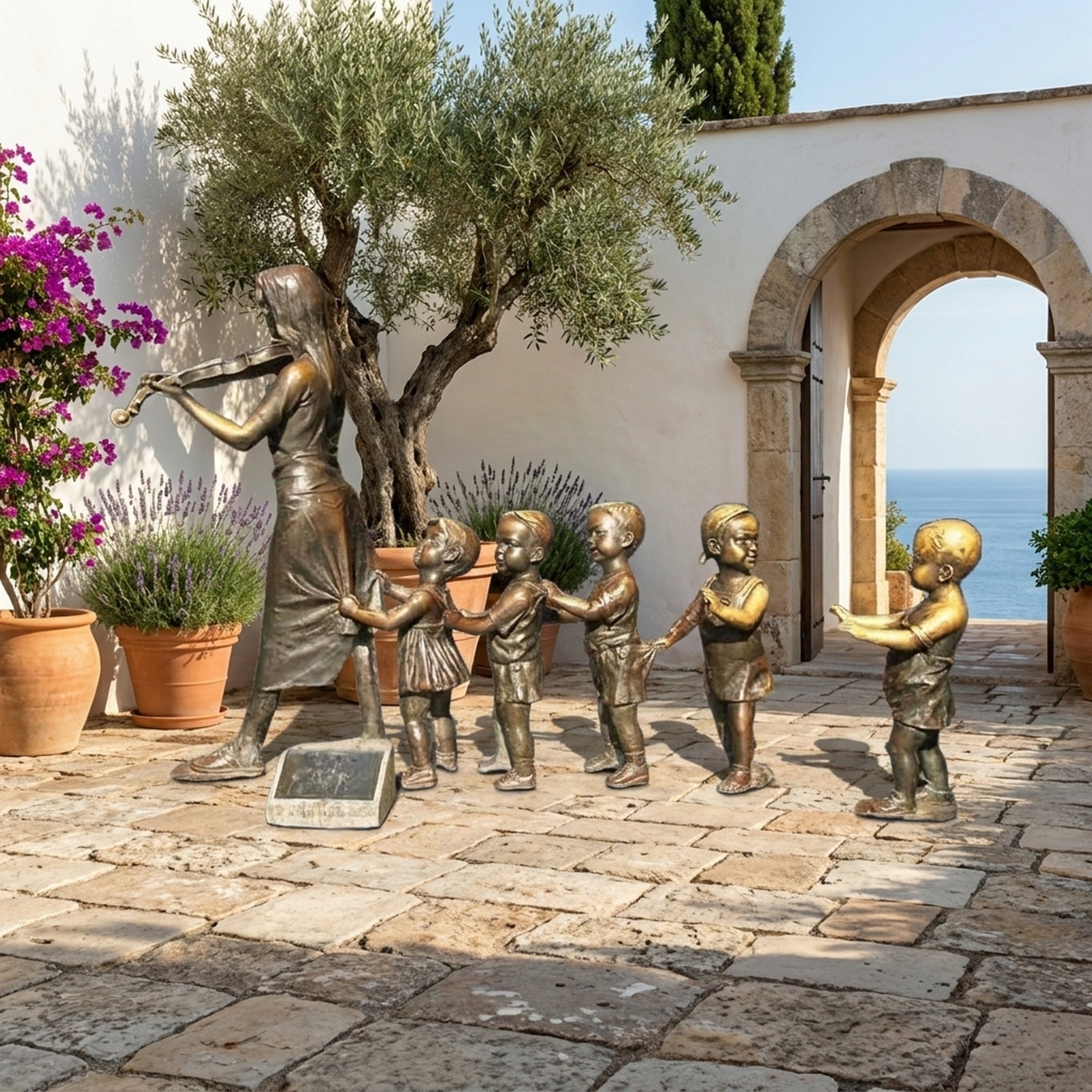 Giant Sculptures Large Traditional Violinist and Children Bronze Sculpture 200cm displayed on a Mediterranean stone terrace with olive tree and sea view.