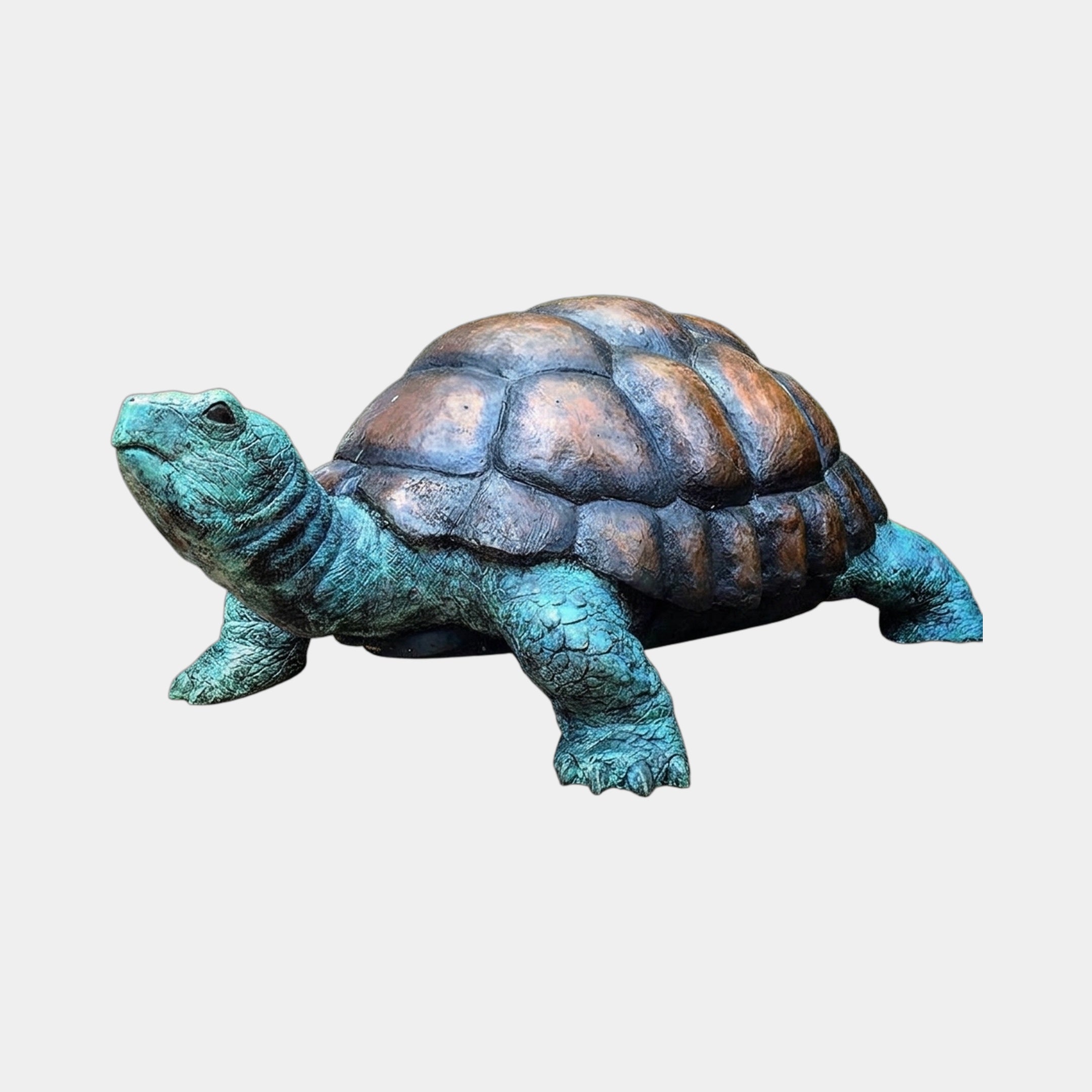 Large Traditional Walking Tortoise Bronze Sculpture by Giant Sculptures, side view with warm brown domed shell and verdigris head and legs in mid-stride.