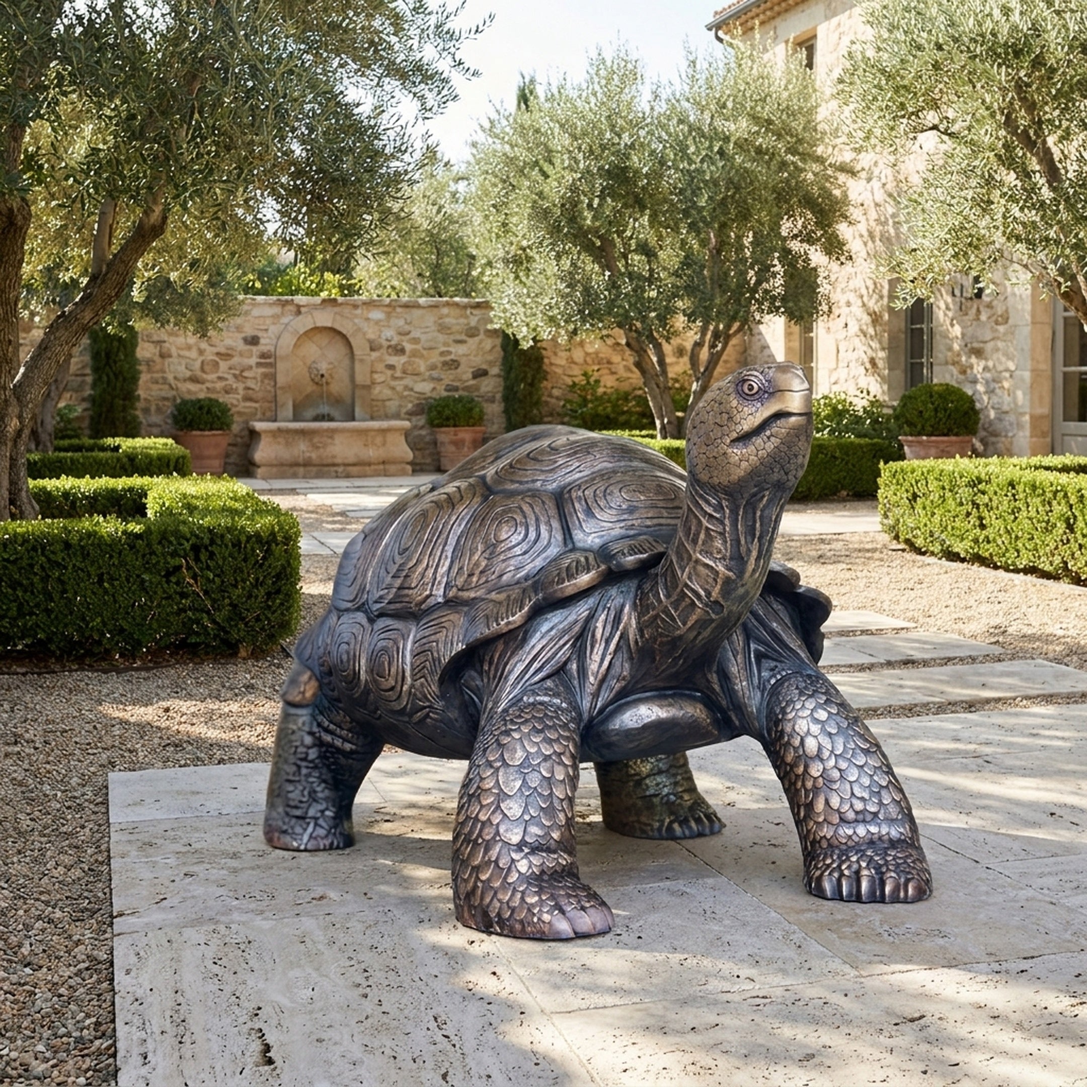 Giant Sculptures Large Traditional Walking Tortoise Bronze Sculpture, 90cm, mid-stride with head raised, displayed on stone paving in an olive tree courtyard.