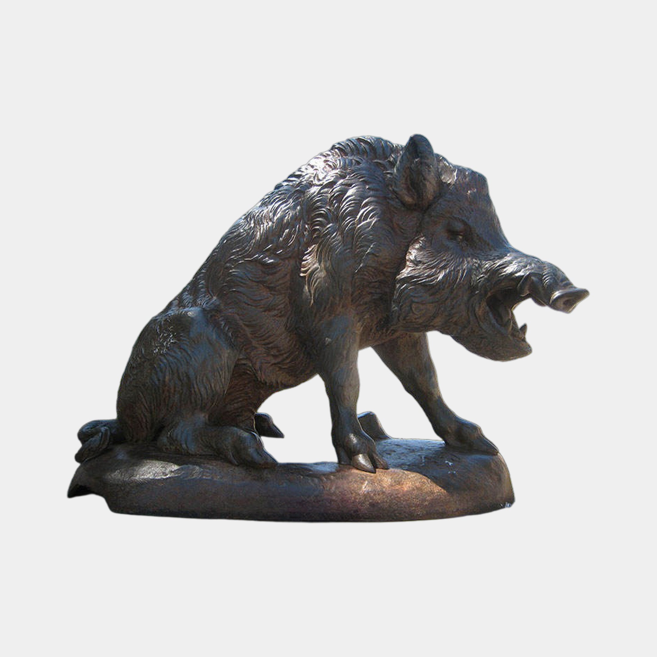 Large Traditional Wild Boar Bronze Sculpture by Giant Sculptures, 150cm, shown in side view with bared tusks and bristled coat on an integral rocky base.