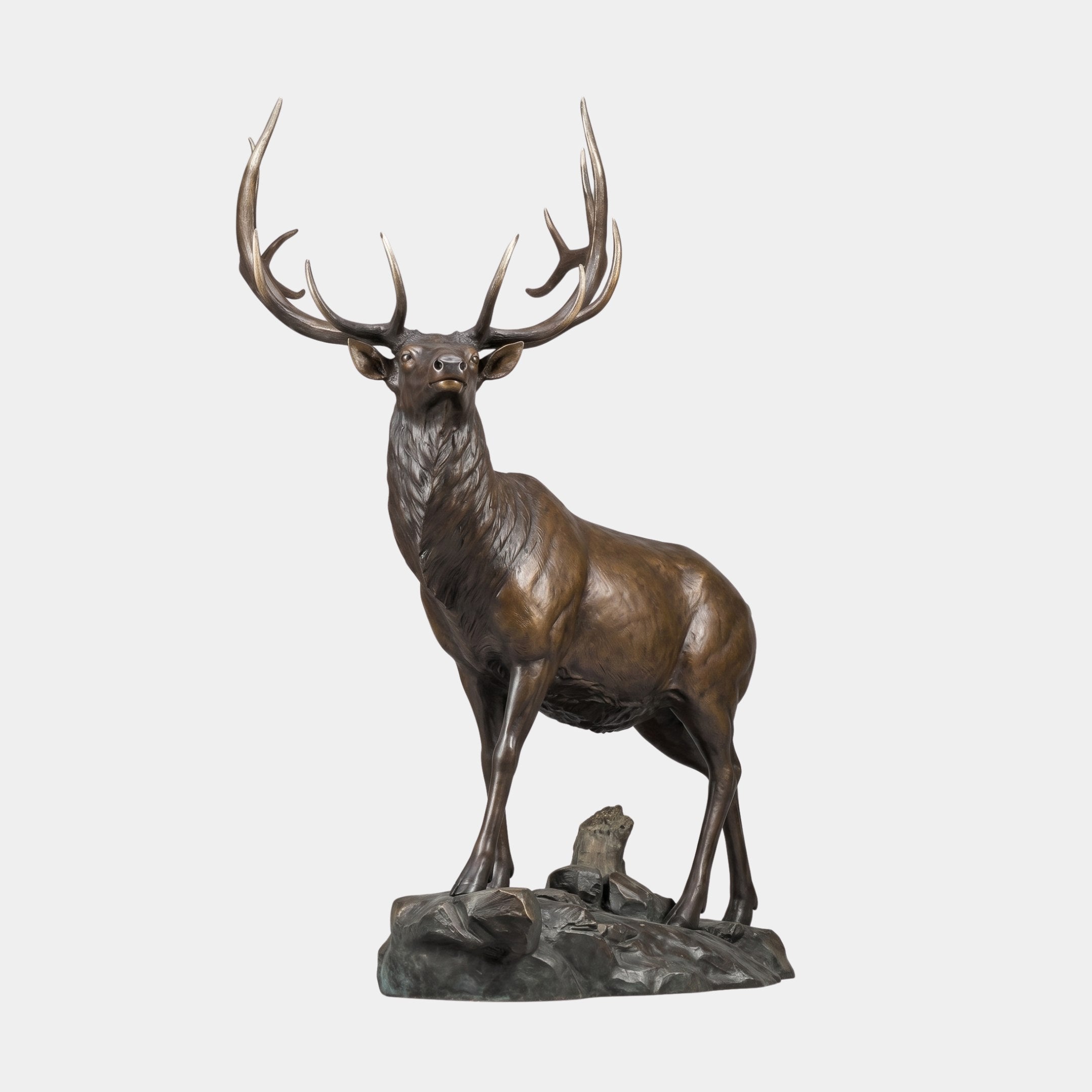 Life-Size Alert Bull Elk Bronze Sculpture by Giant Sculptures, shown front-on with raised head and wide antler rack on a rocky base against a plain background.