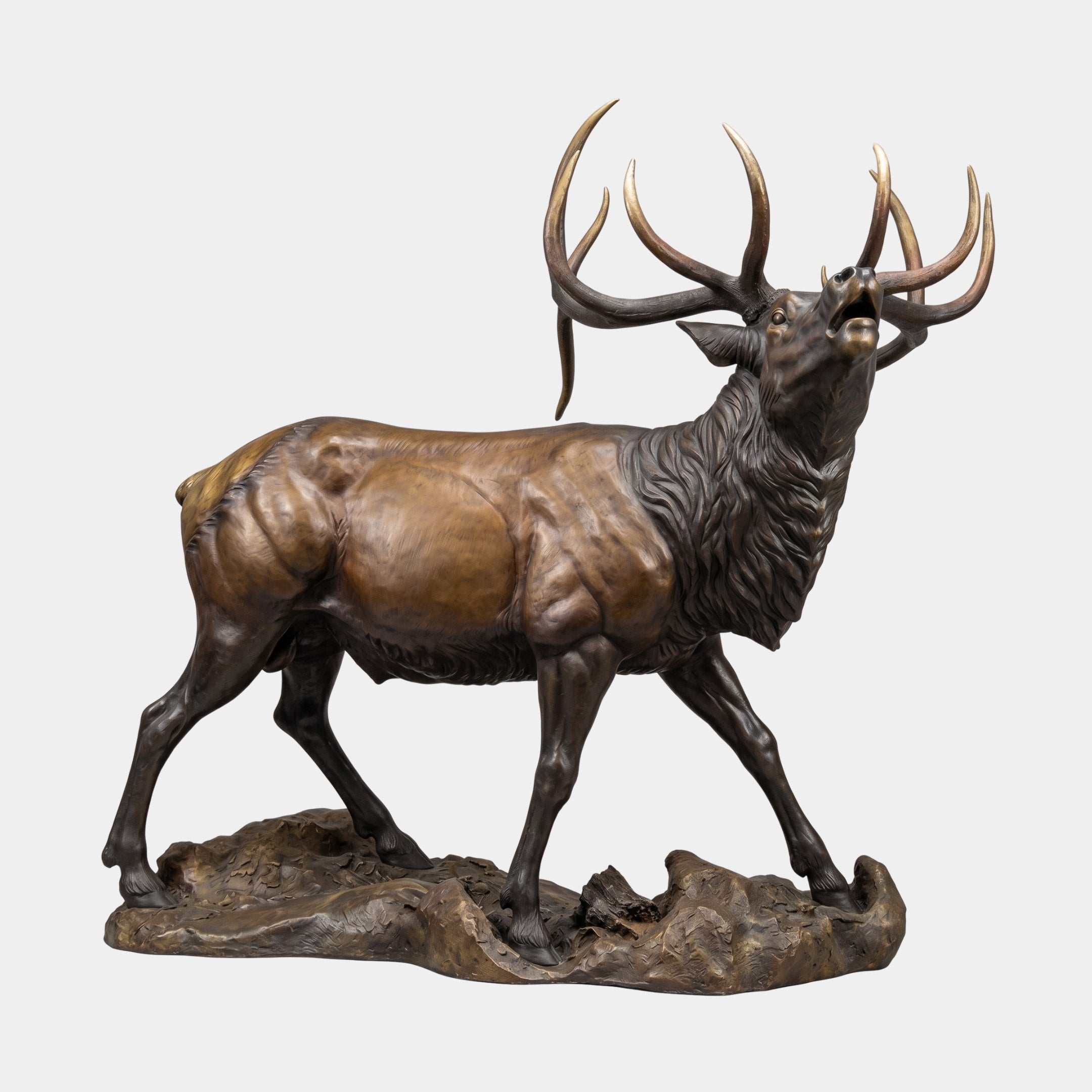 Life-Size Bugling Bull Elk Bronze Sculpture by Giant Sculptures, side view of a mid-stride elk with head raised mid-call, warm brown patina on a rocky base.
