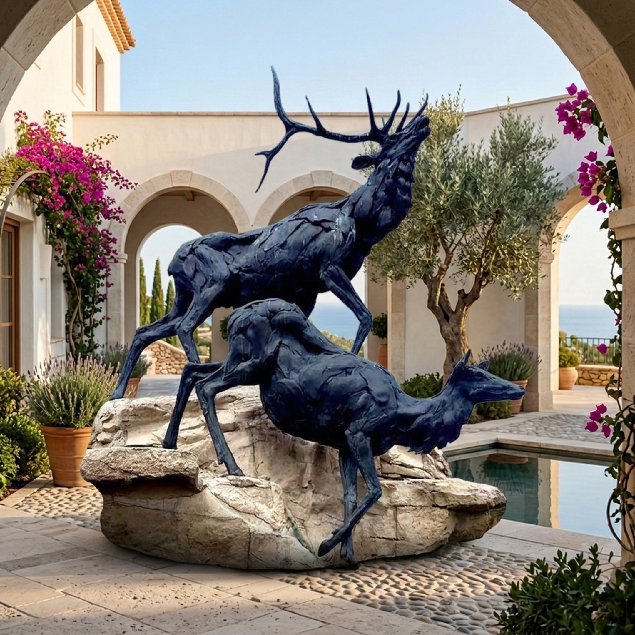 Life-Size Bugling Stag and Deer Bronze Sculpture by Giant Sculptures on a stone base in a Mediterranean courtyard with arches, bougainvillea, and a pool.