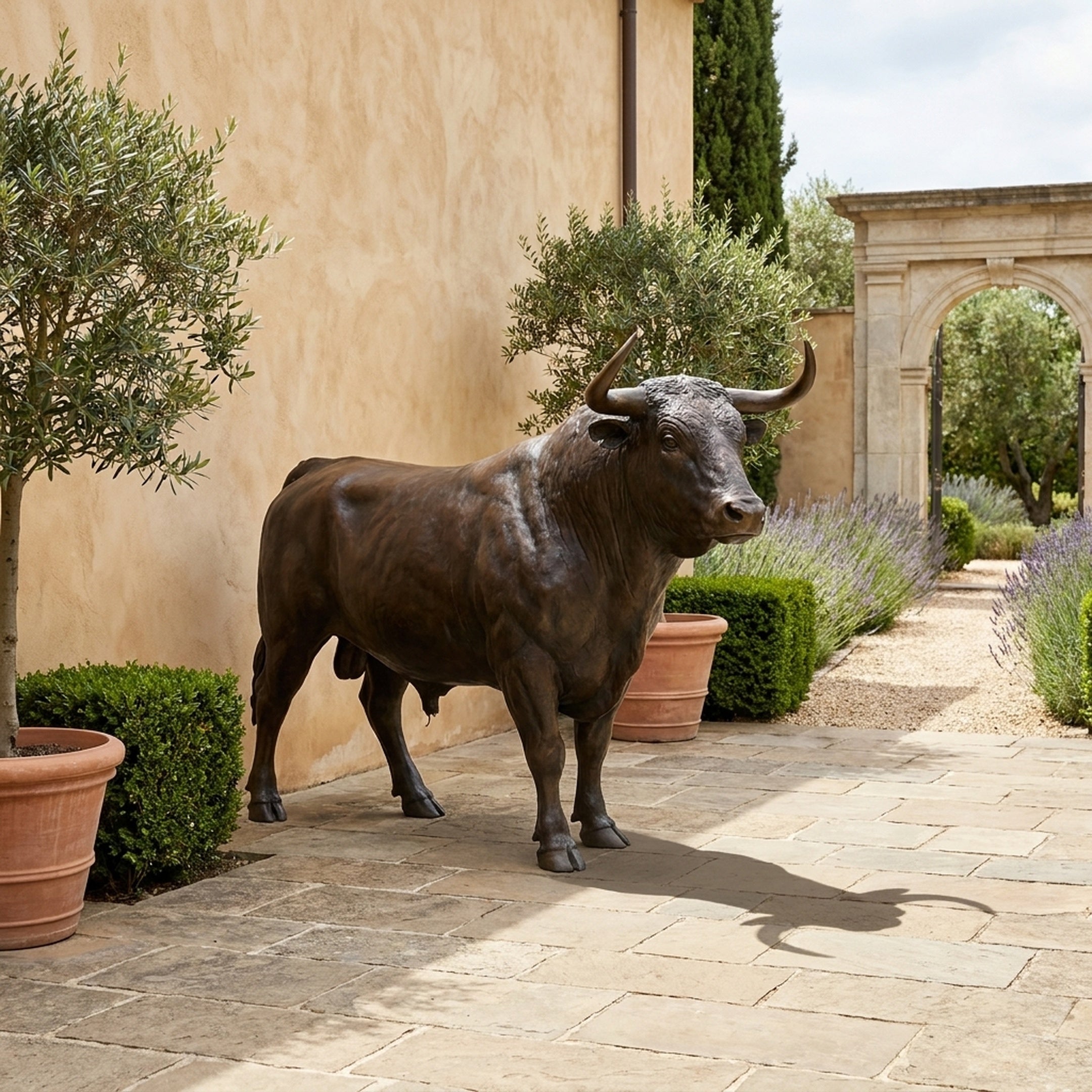 Life-Size Charging Bull Bronze Sculpture by Giant Sculptures in dark patina, displayed on a stone terrace beside olive trees and lavender along a villa pathway.