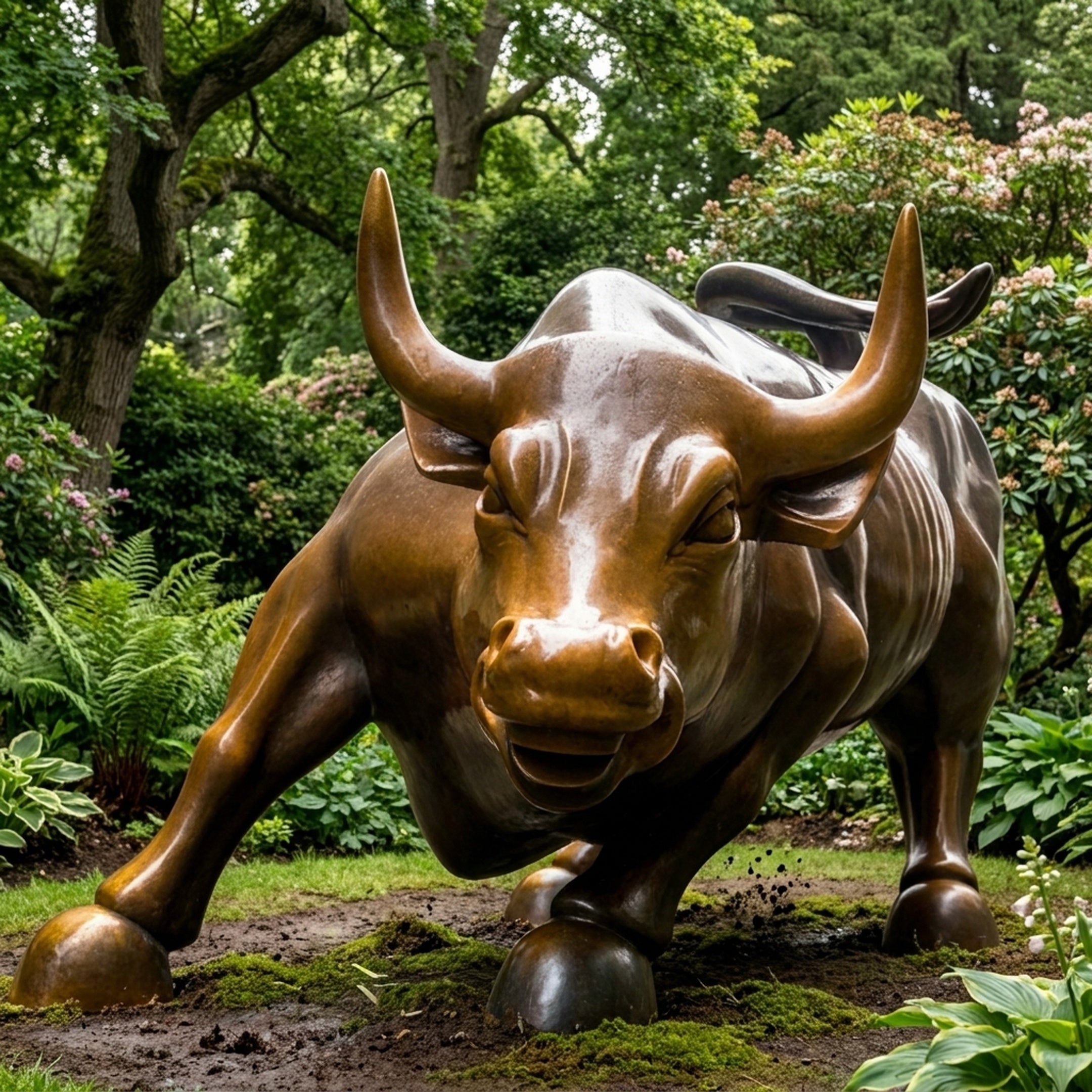 Life-Size Charging Bull Bronze Statue by Giant Sculptures with warm brown and golden patina, head lowered and hooves braced, displayed in a leafy garden setting.