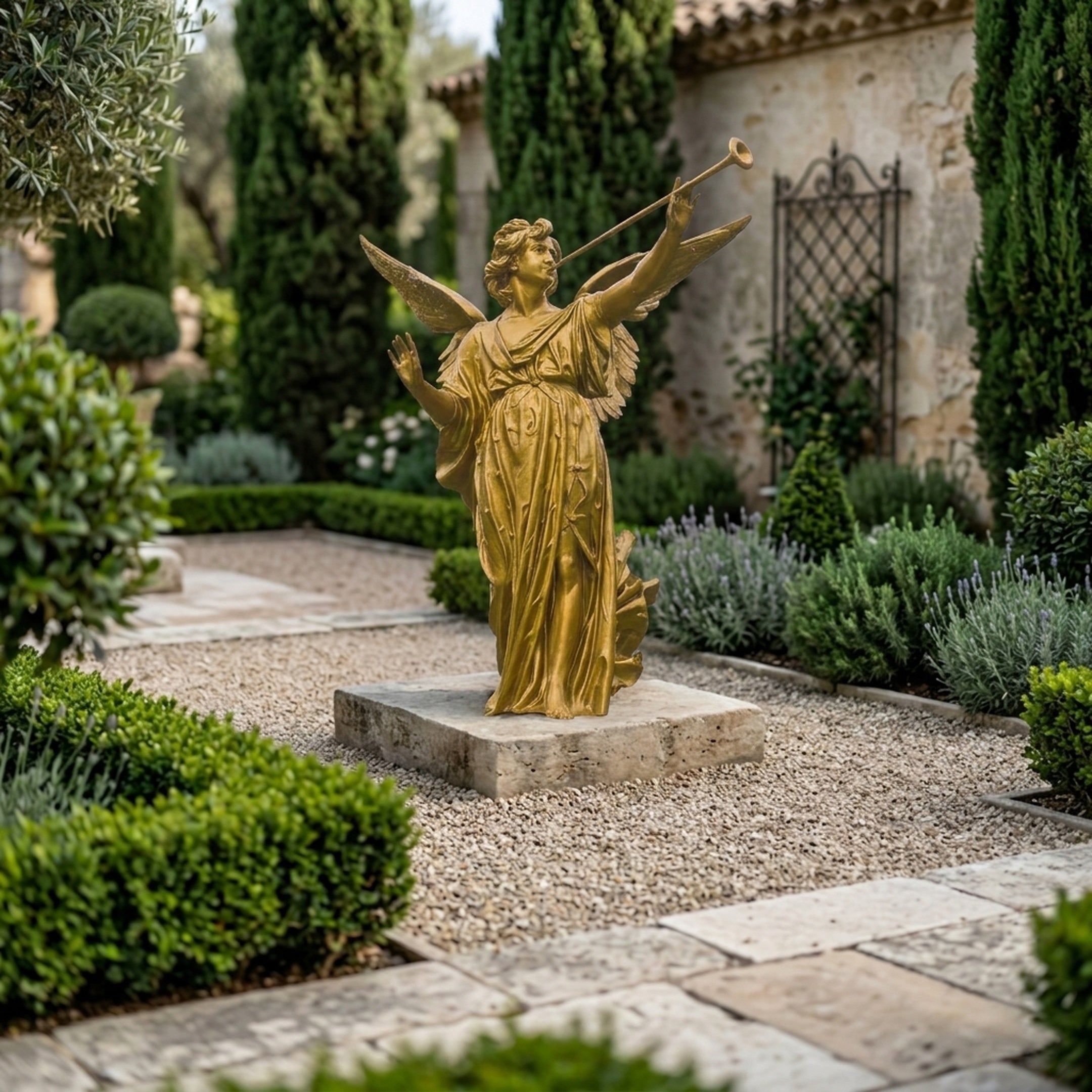 Life-Size Classical Angel Bronze Sculpture in gold finish with wings spread and trumpet raised, on a stone plinth in a Mediterranean garden with cypress trees.