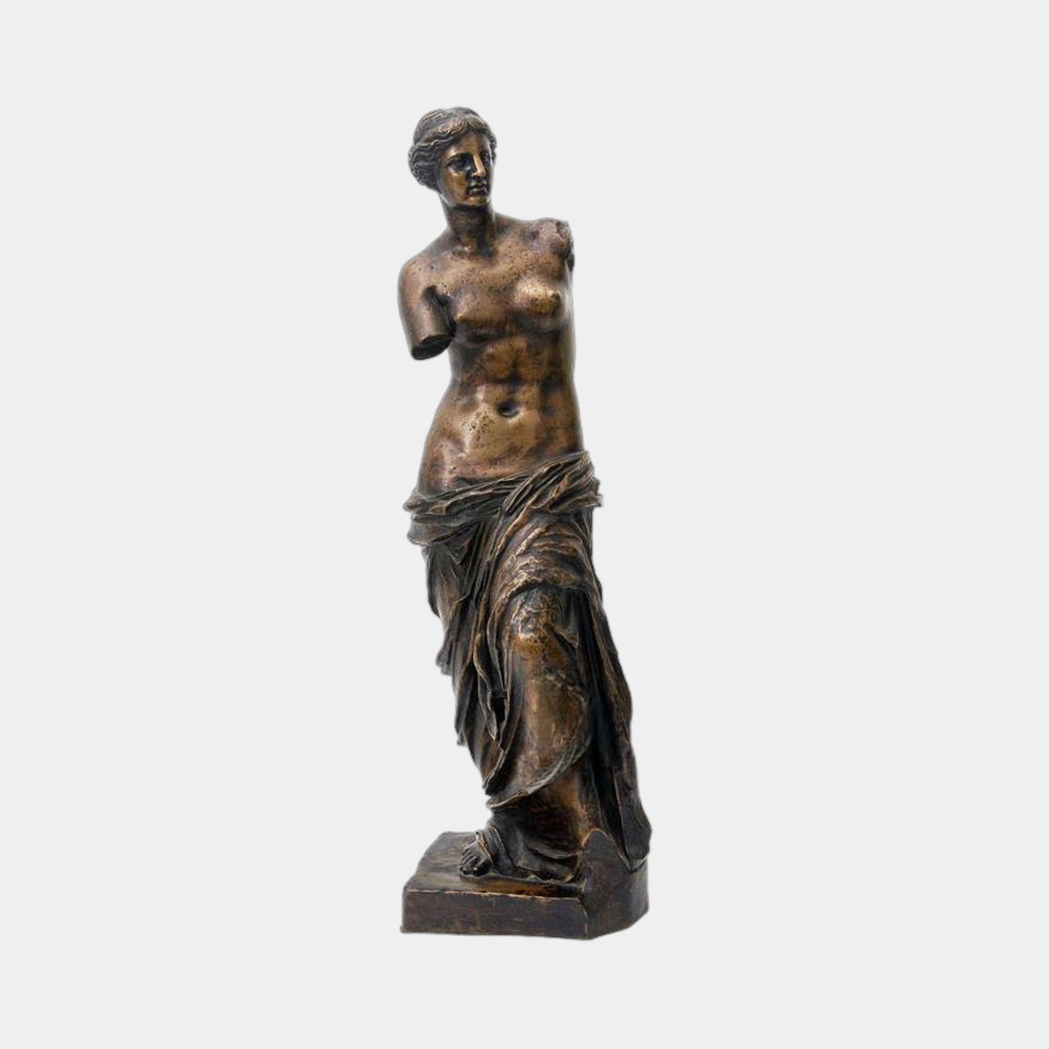Giant Sculptures Life-Size Classical Armless Goddess Bronze Statue 150cm, bare torso with draped lower body on a stepped plinth, warm antique patina.