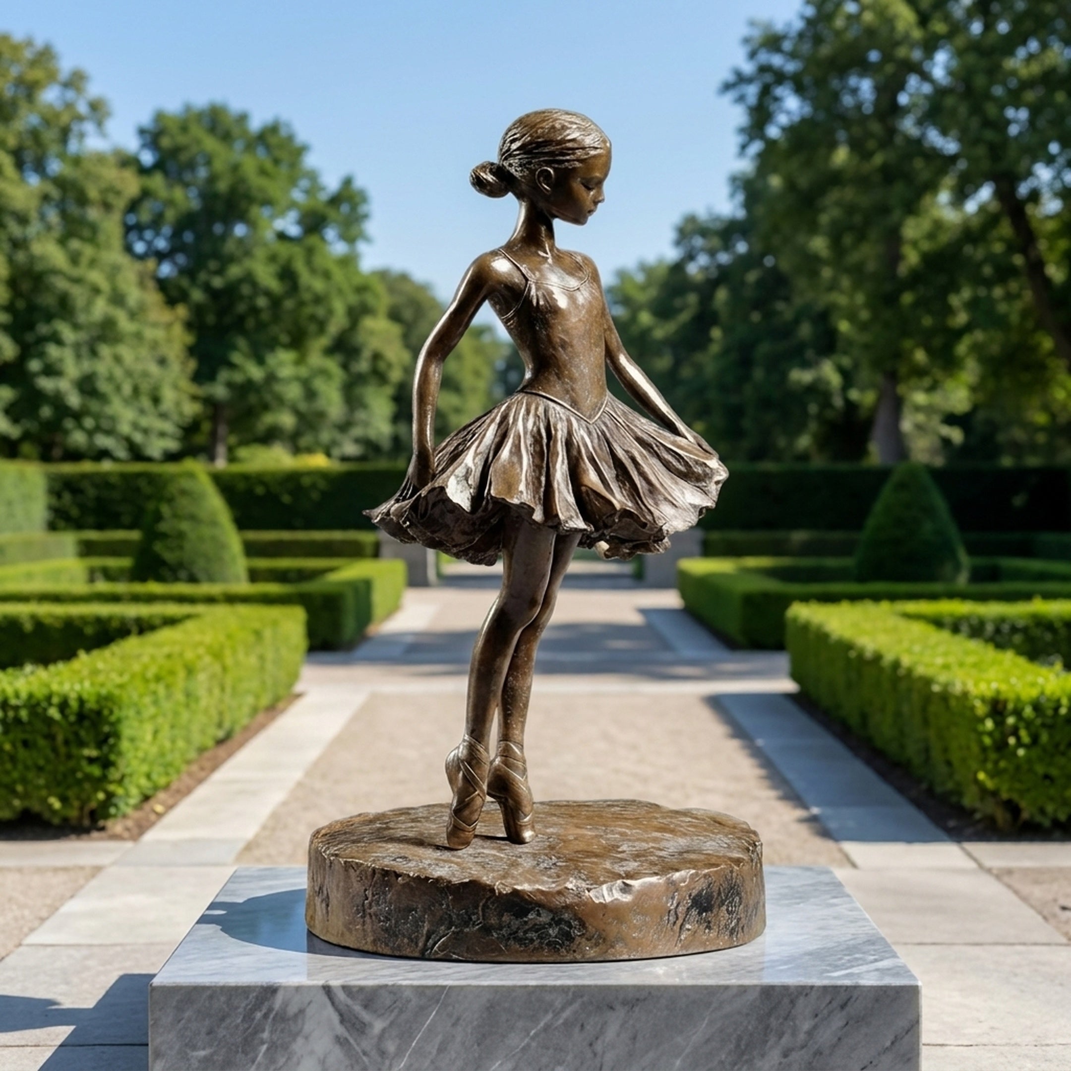 Life-Size Classical Ballerina Bronze Fountain by Giant Sculptures, 160cm dancer en pointe with pleated tutu on a rocky base, set in a manicured hedge garden.