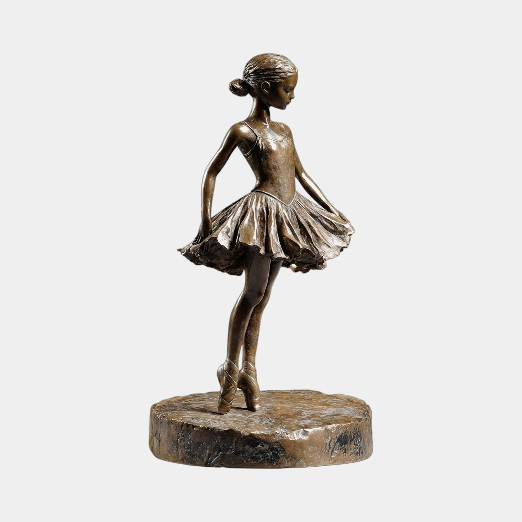 Life-Size Classical Ballerina Bronze Fountain by Giant Sculptures, shown en pointe with pleated tutu and warm brown patina on a rocky base, plain background.