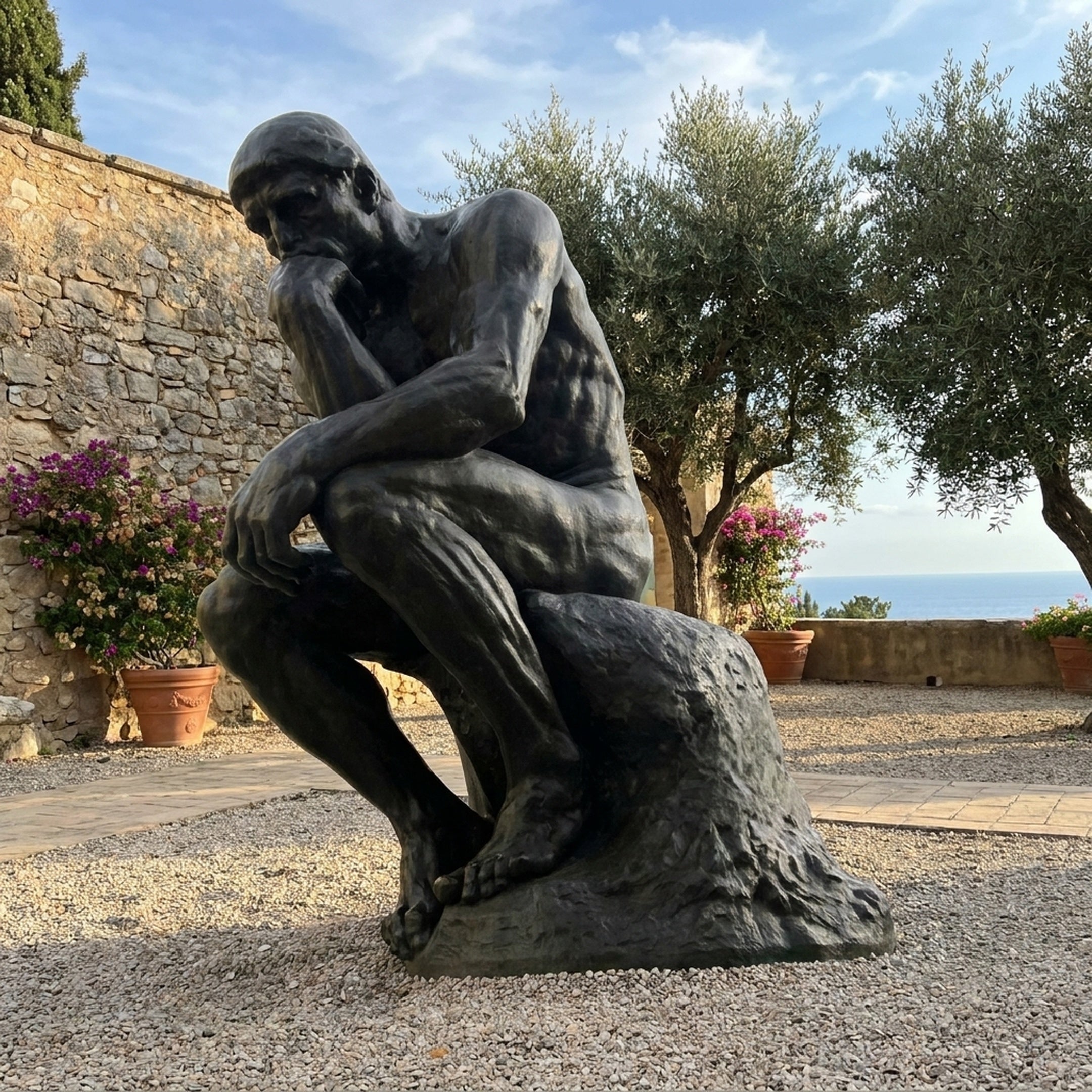 Life-Size Classical Contemplative Male Figure Bronze Sculpture by Giant Sculptures, seated nude in thinker pose with dark patina, displayed in a Mediterranean courtyard.