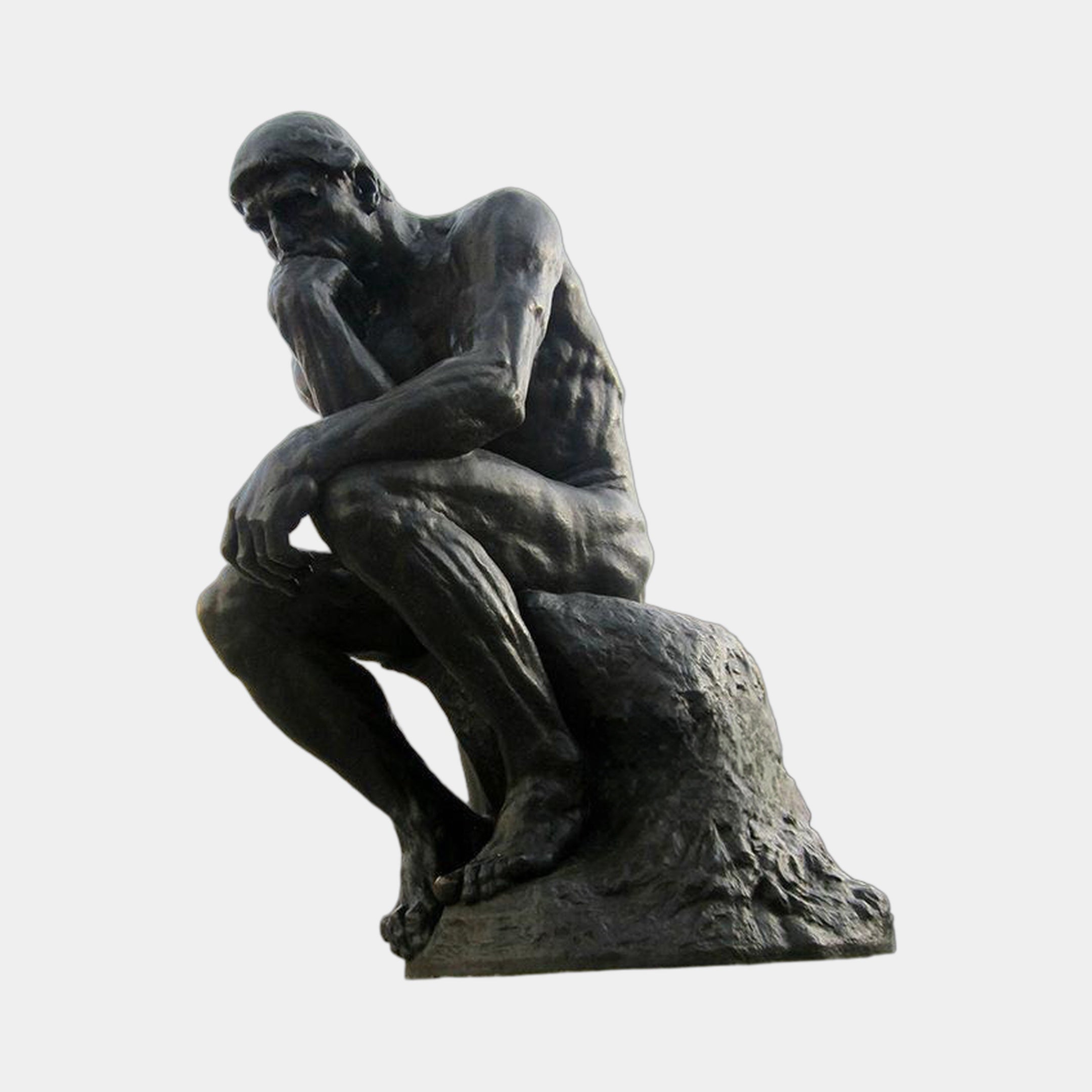 Life-Size Classical Contemplative Male Figure Bronze Sculpture by Giant Sculptures, seated nude in thinker pose with dark patina, shown against a plain background.