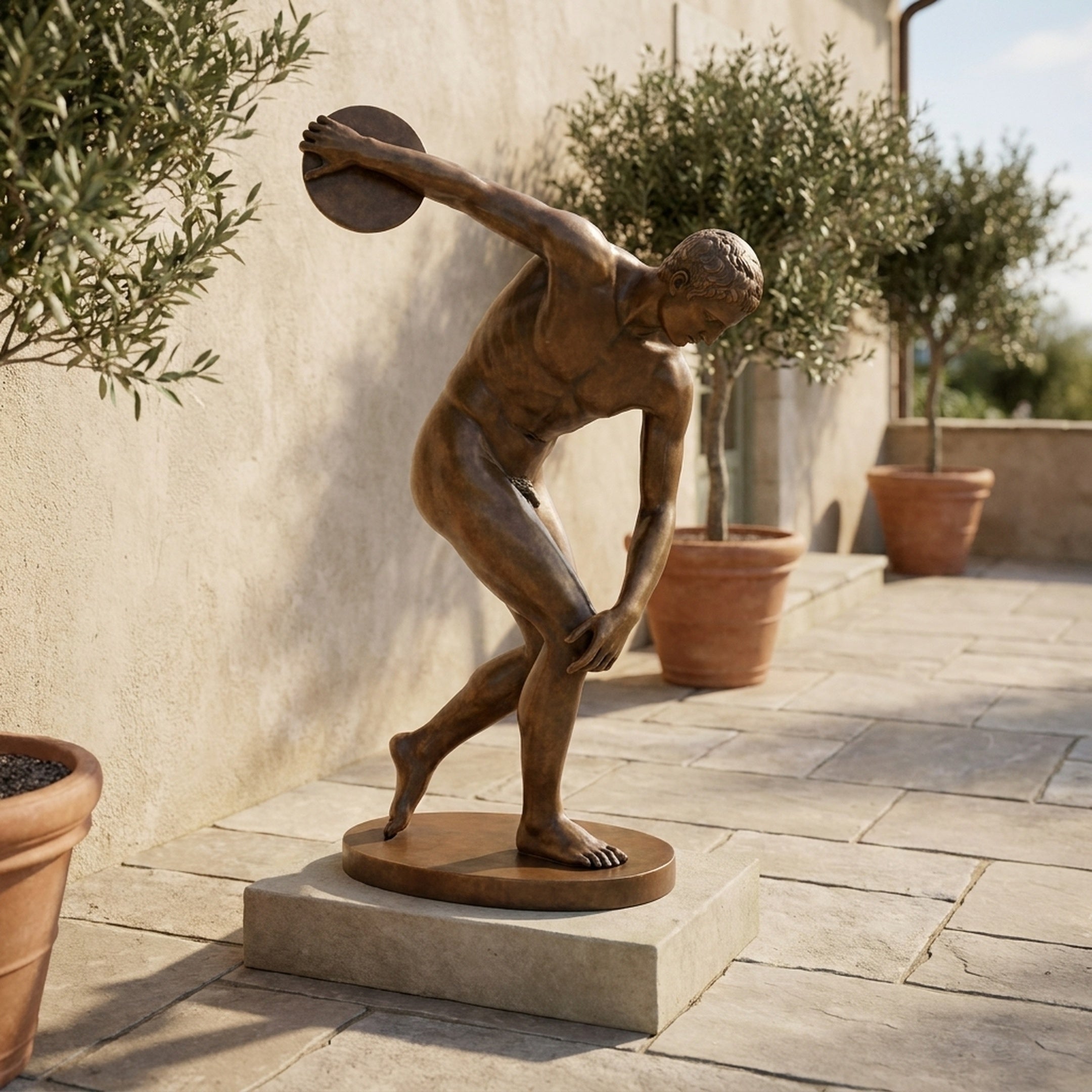 Life-Size Classical Discus Thrower Bronze Statue by Giant Sculptures shown mid-throw on an oval base, placed on a stone terrace beside olive trees in terracotta pots.