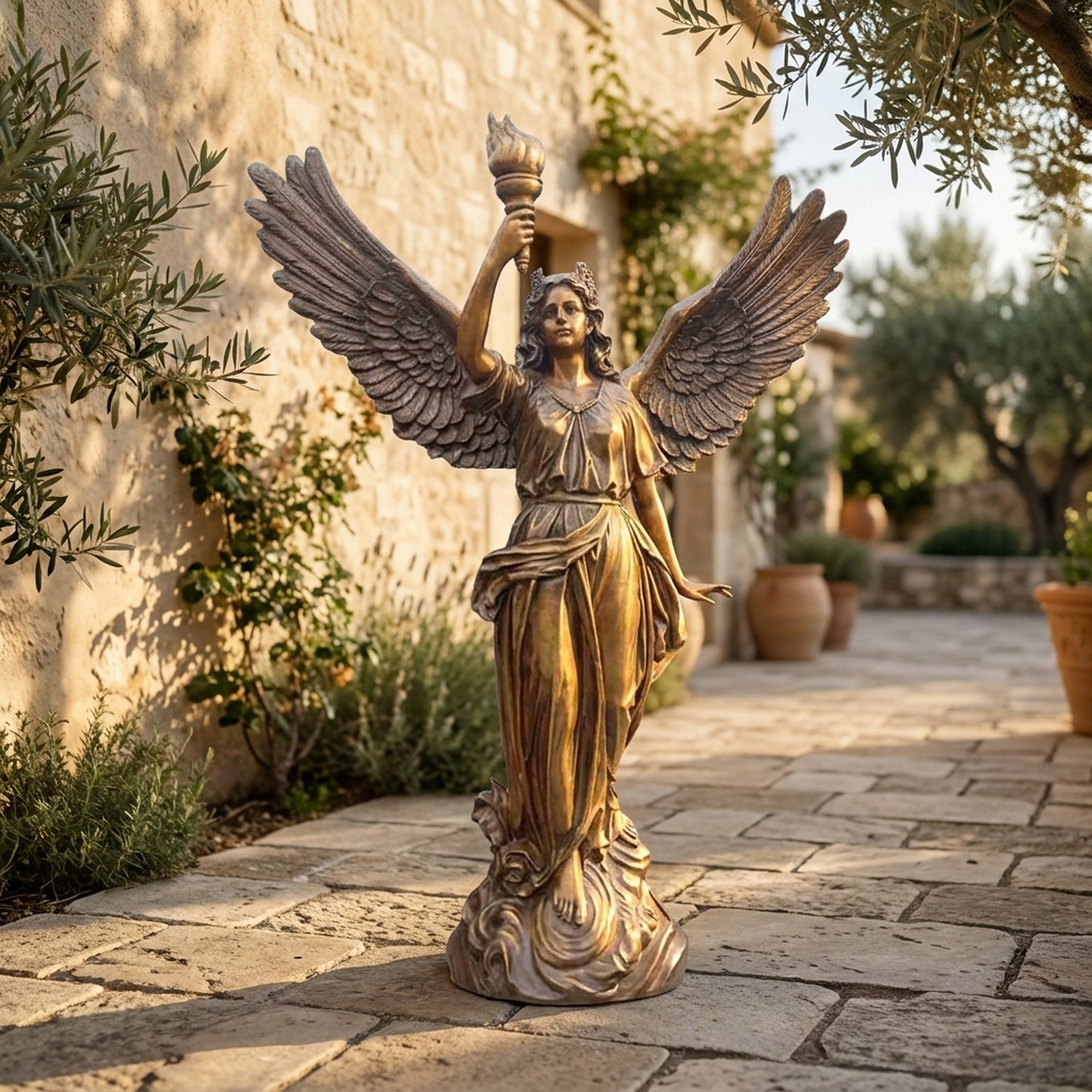 Life-Size Classical Female Angel Bronze Sculpture by Giant Sculptures with raised torch and spread wings, displayed on a stone courtyard beside olive trees.