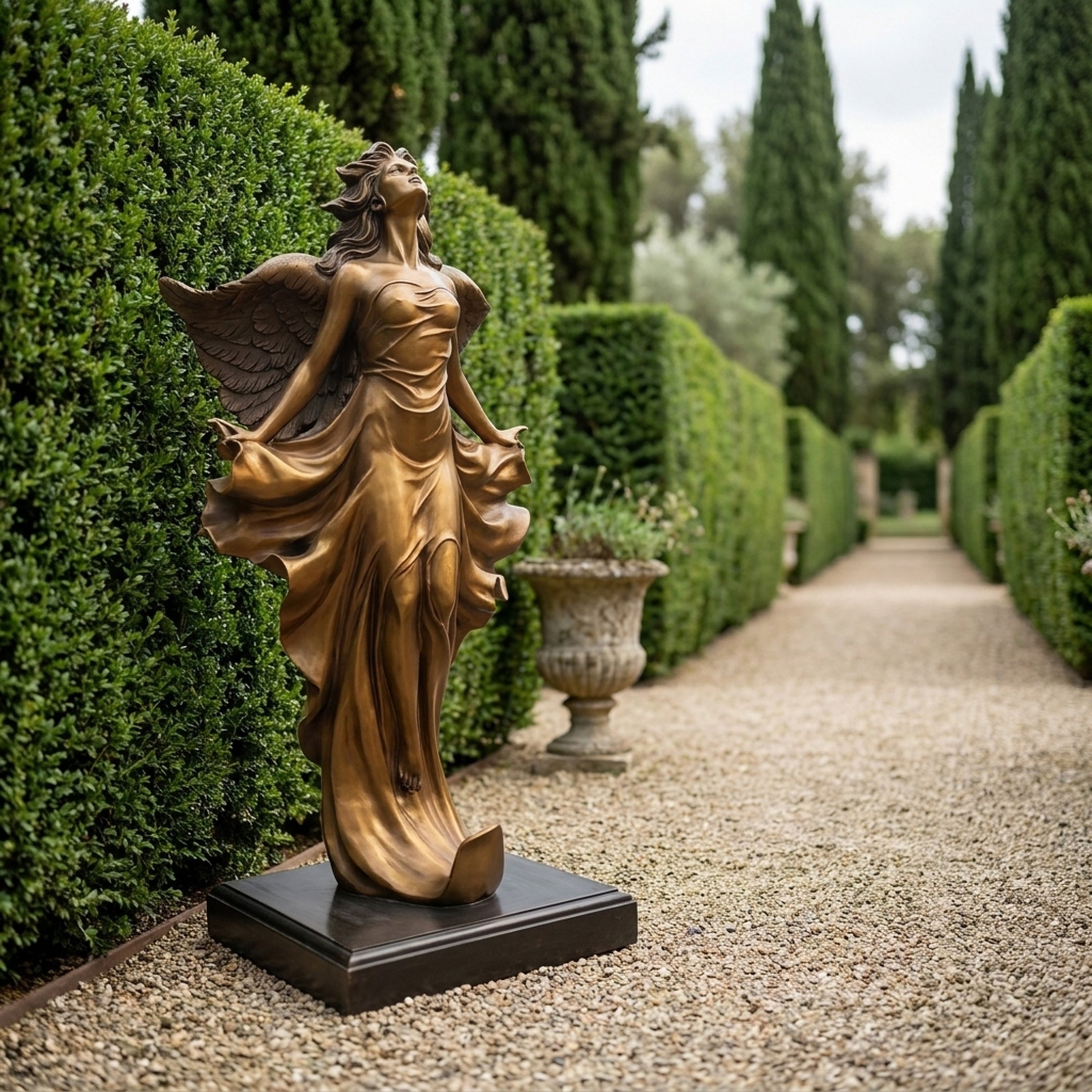 Giant Sculptures Life-Size Classical Female Angel Bronze Sculpture in warm gold patina on a dark plinth, displayed on a gravel path between hedges and cypress trees.