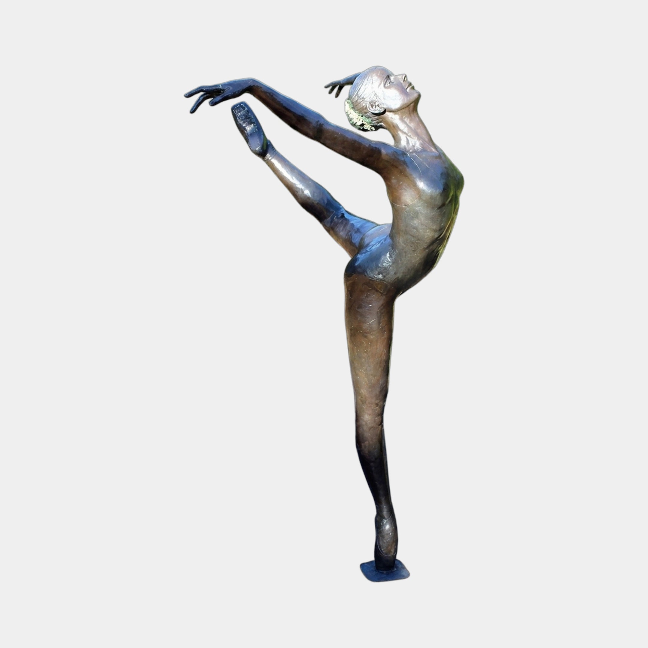 Life-Size Classical Female Ballet Dancer Bronze Sculpture by Giant Sculptures, 200cm warm brown patina ballerina in arabesque penché on plain background.