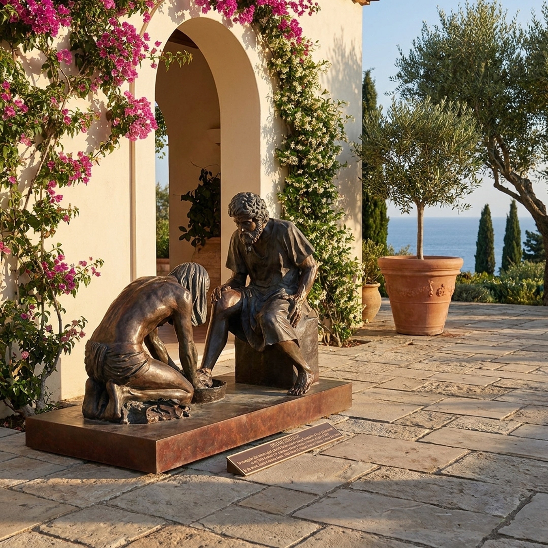 Life-Size Classical Foot-Washing Scene Bronze Sculpture by Giant Sculptures on a Mediterranean terrace with bougainvillea, an archway, and sea view beyond.