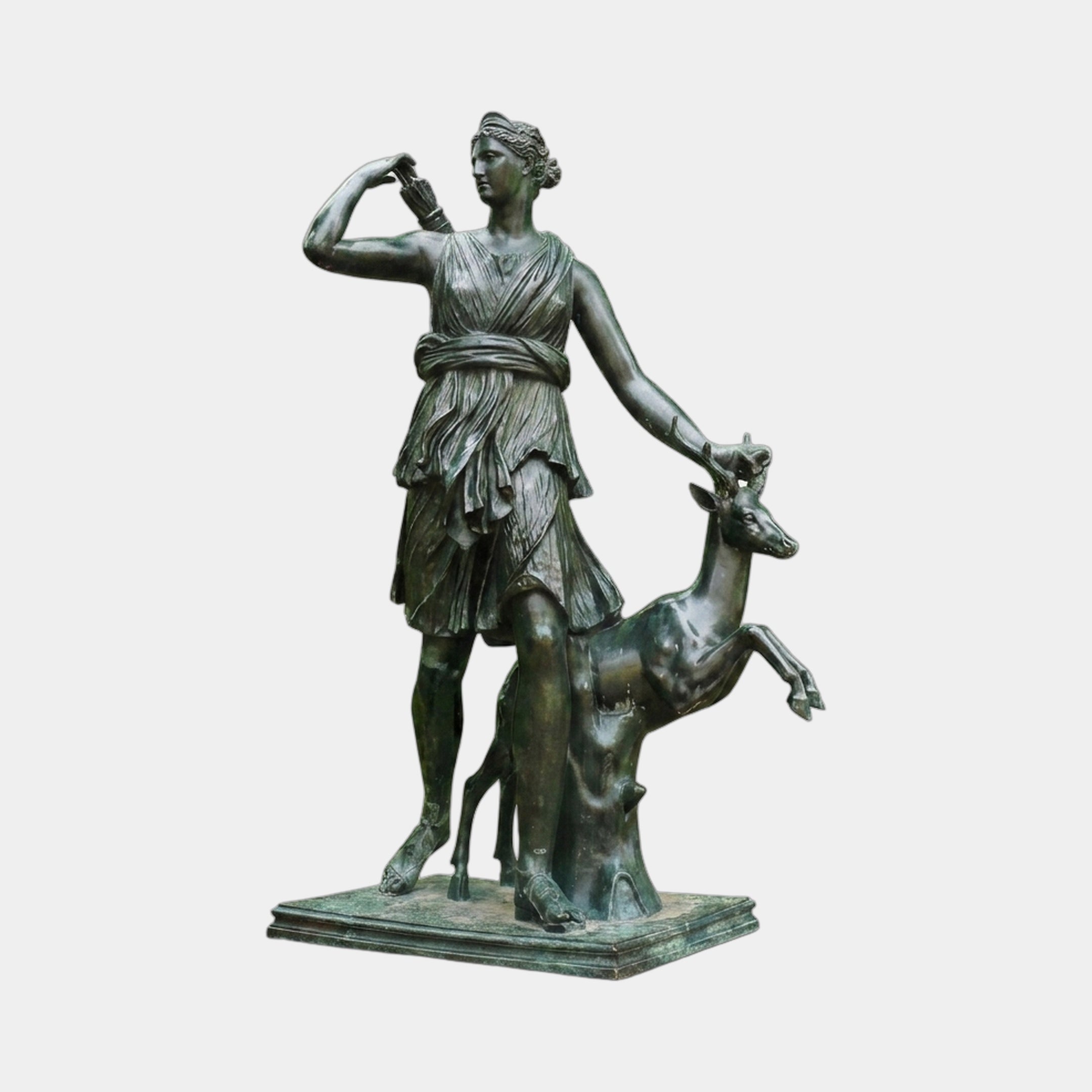 Life-Size Classical Goddess and Deer Bronze Sculpture by Giant Sculptures, shown with verdigris patina, raised arm reaching for arrows, and a bounding deer at her side.