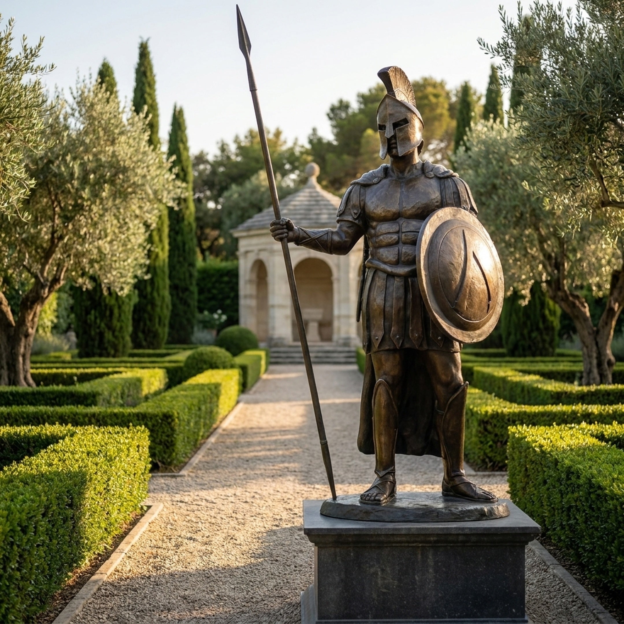 Life-Size Classical Greek Warrior Bronze Sculpture by Giant Sculptures, 250cm Spartan figure with crested helmet, spear and round shield, on a plinth in a formal garden.
