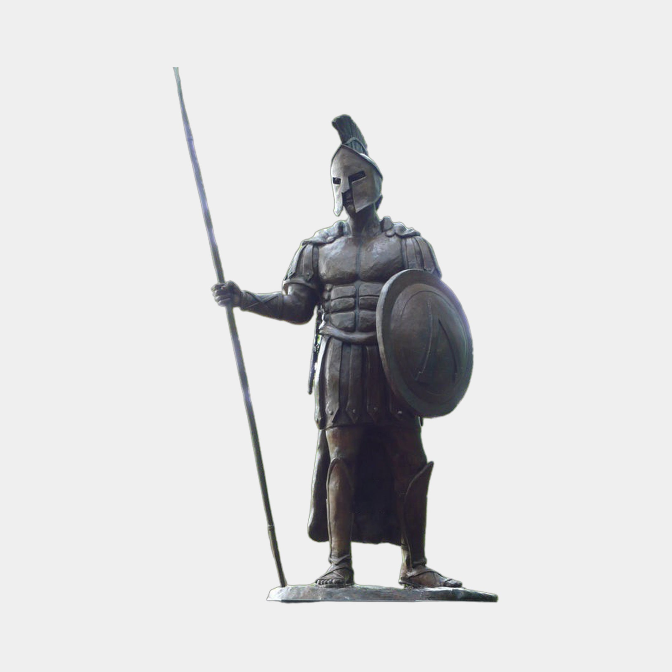 Life-Size Classical Greek Warrior Bronze Sculpture by Giant Sculptures, 250cm Spartan figure in crested helmet holding spear and round shield, on plain background.