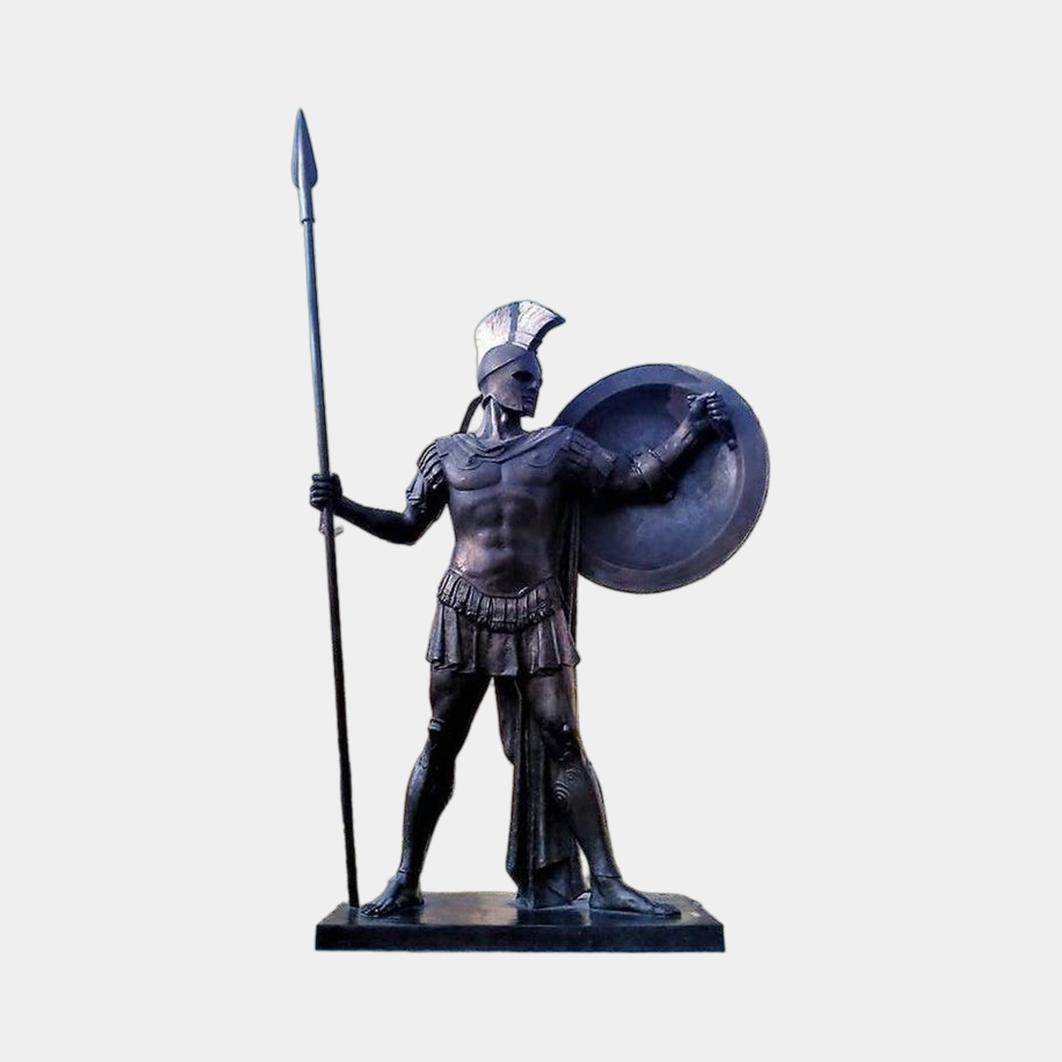 Life-Size Classical Greek Warrior Bronze Statue 300cm by Giant Sculptures, dark patina hoplite with plumed Corinthian helmet, raised round shield, and tall spear on a plinth.