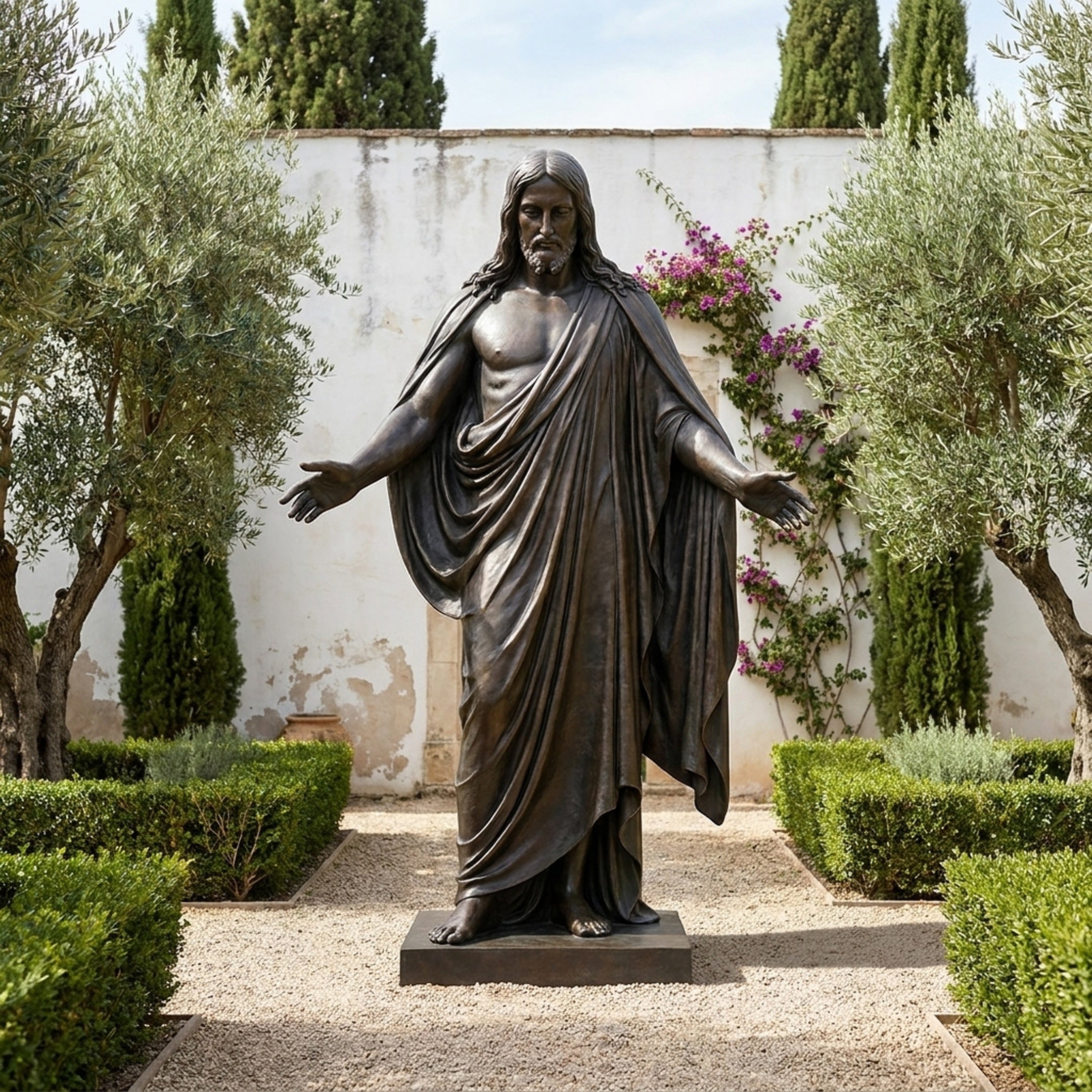 Life-Size Classical Jesus Christ Bronze Statue by Giant Sculptures, 300cm robed figure with arms extended, standing on a plinth in a formal garden courtyard.