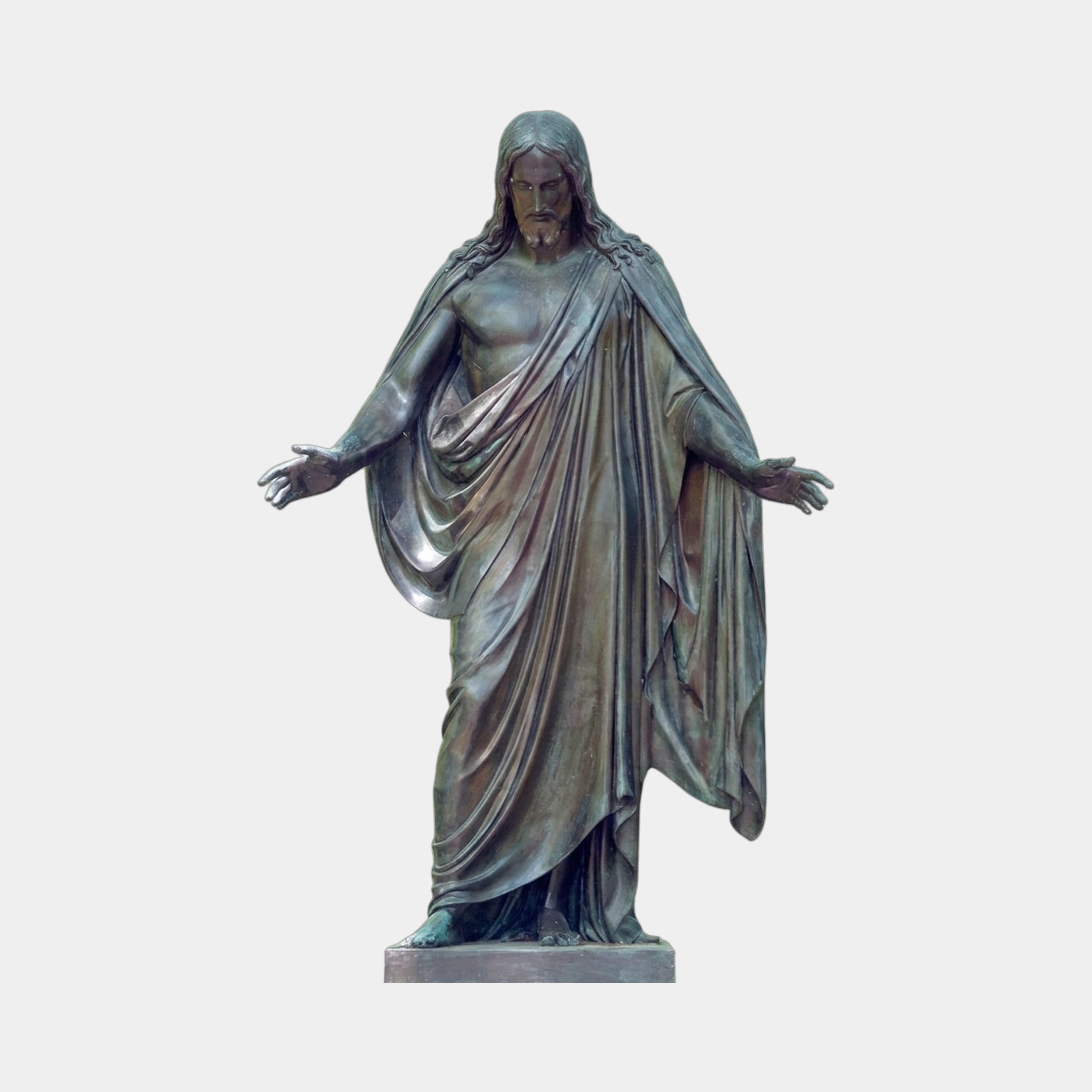 Life-Size Classical Jesus Christ Bronze Statue by Giant Sculptures, 300cm figure with arms extended in blessing, draped robes and verdigris patina, on plain background.