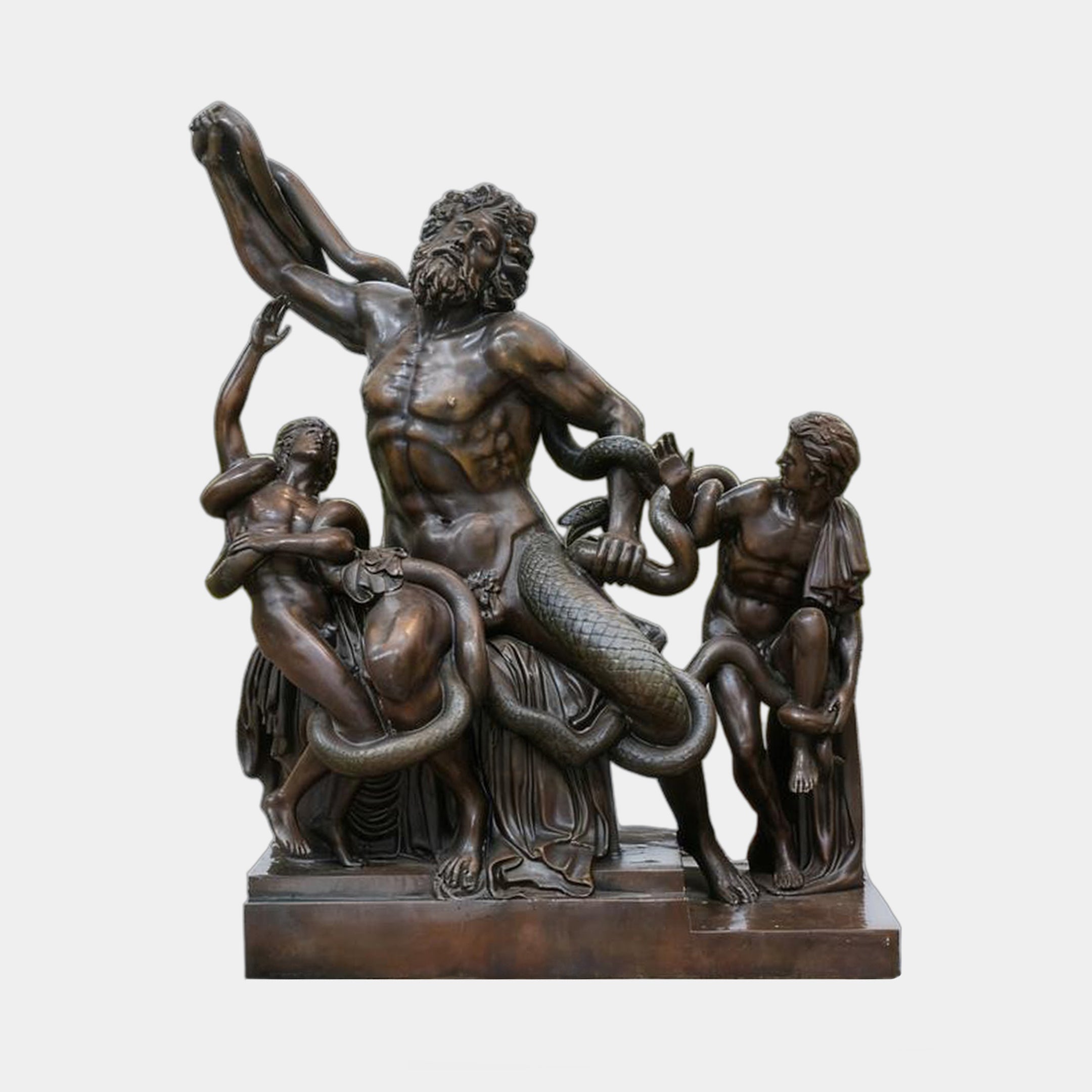 Life-Size Classical Laocoon and Sons Bronze Sculpture by Giant Sculptures, 250cm warm brown patina group with coiling serpents on integral plinth, plain background.