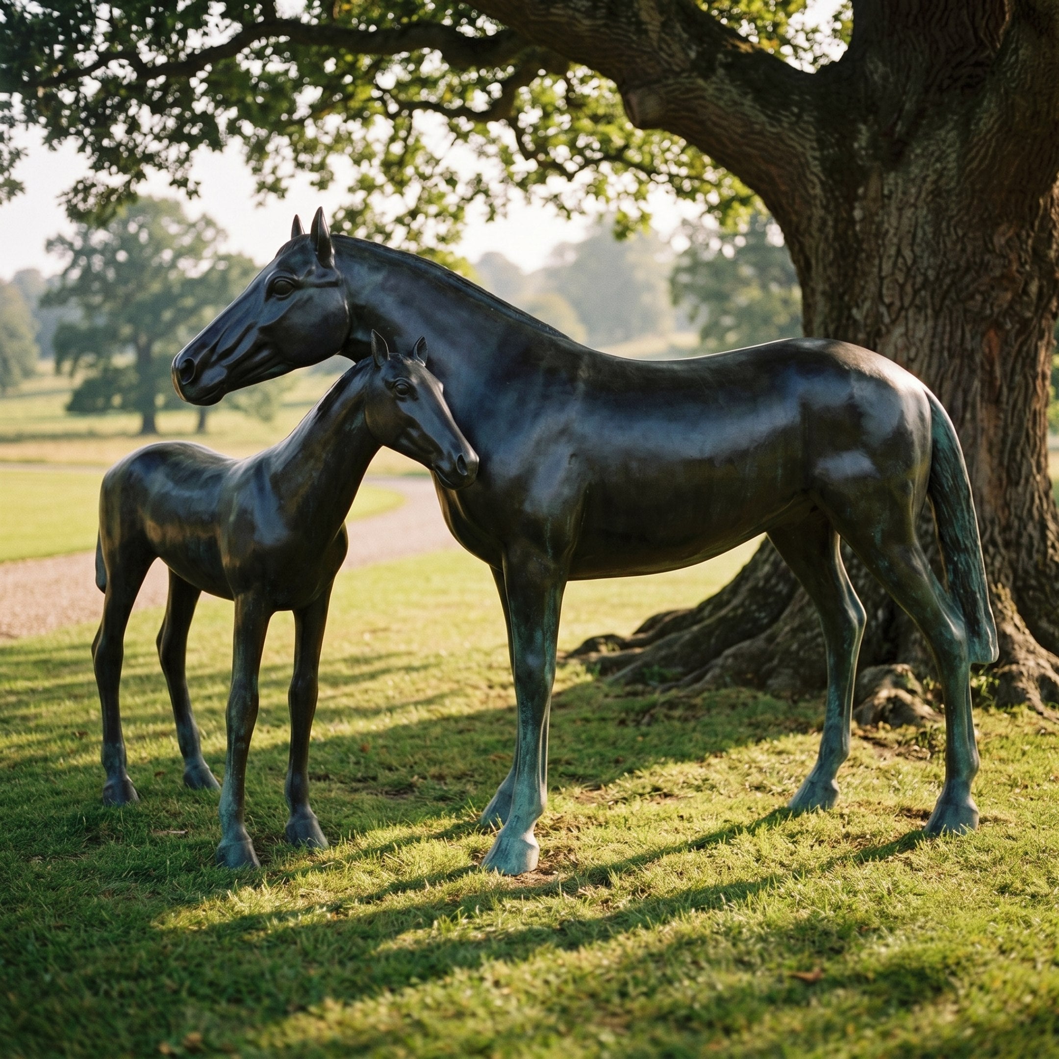 Life-Size Classical Mare and Standing Foal Bronze Sculpture by Giant Sculptures, dark patina with green verdigris, displayed on grass beneath a large tree.