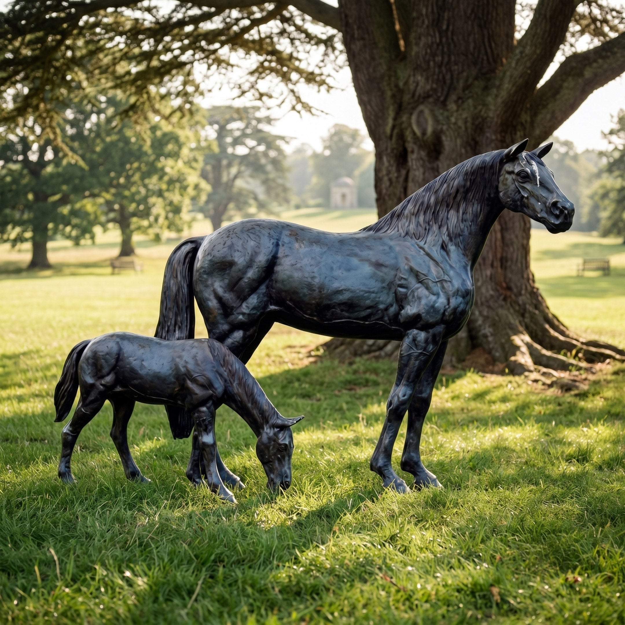 Life-Size Classical Mare and Grazing Foal Bronze Sculpture by Giant Sculptures, dark patina, displayed on grass beneath a large tree in parkland.