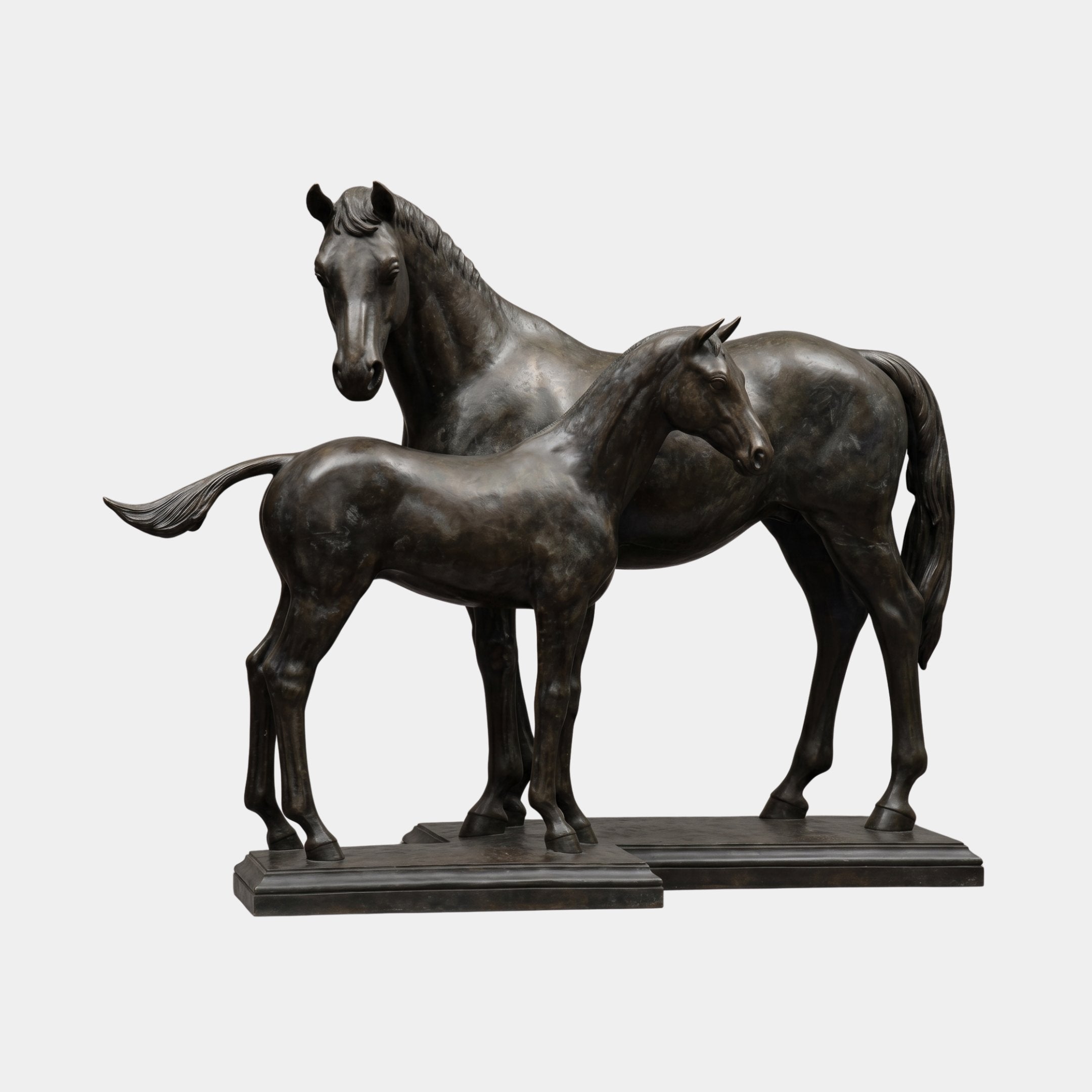 Life-Size Classical Mare and Foal Bronze Sculpture by Giant Sculptures, 180cm, dark patinated cast bronze pair on rectangular plinths against a plain background.