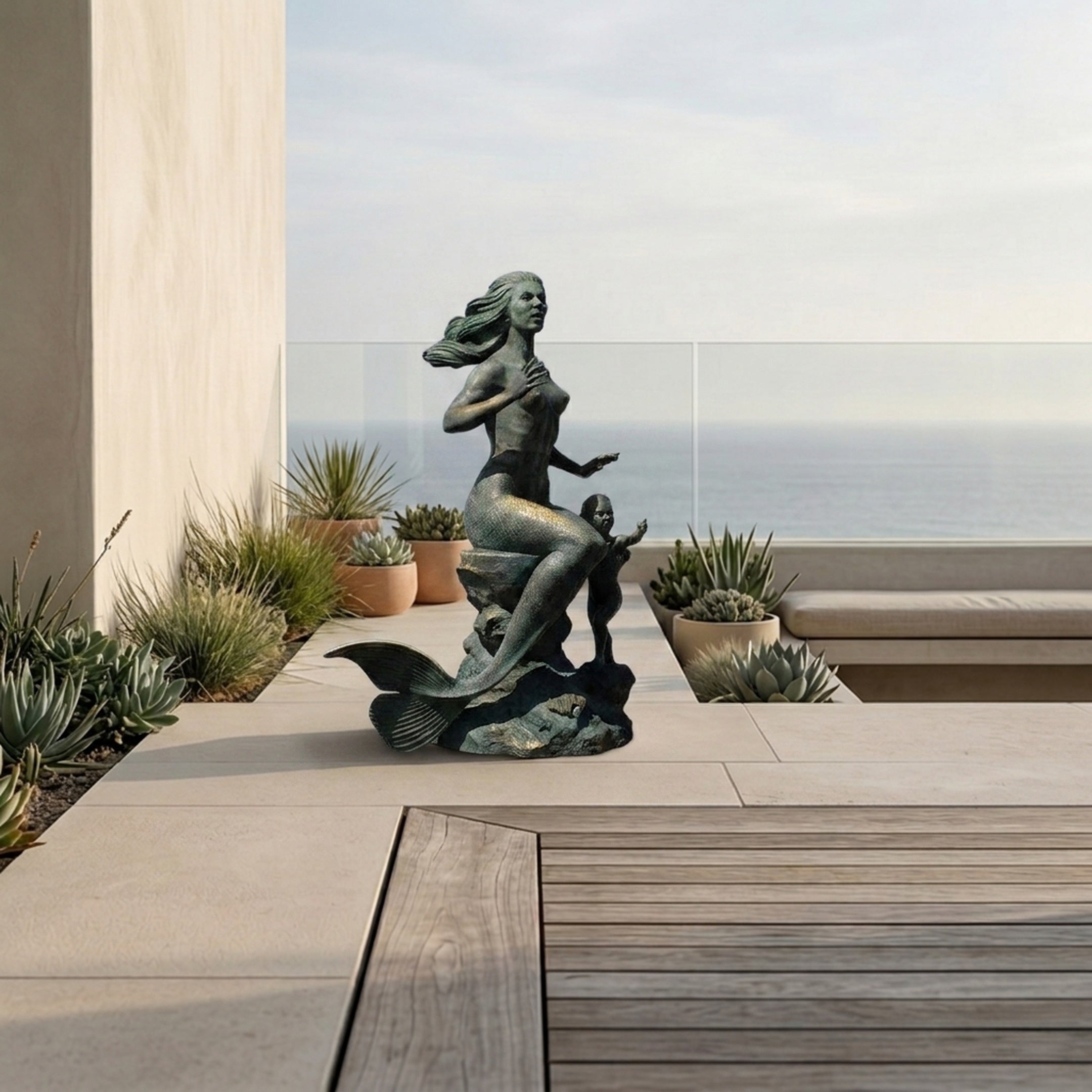 Life-Size Classical Mermaid and Merboy Bronze Sculpture by Giant Sculptures on a coastal terrace with succulents, showing verdigris patina and gilded tail scales.