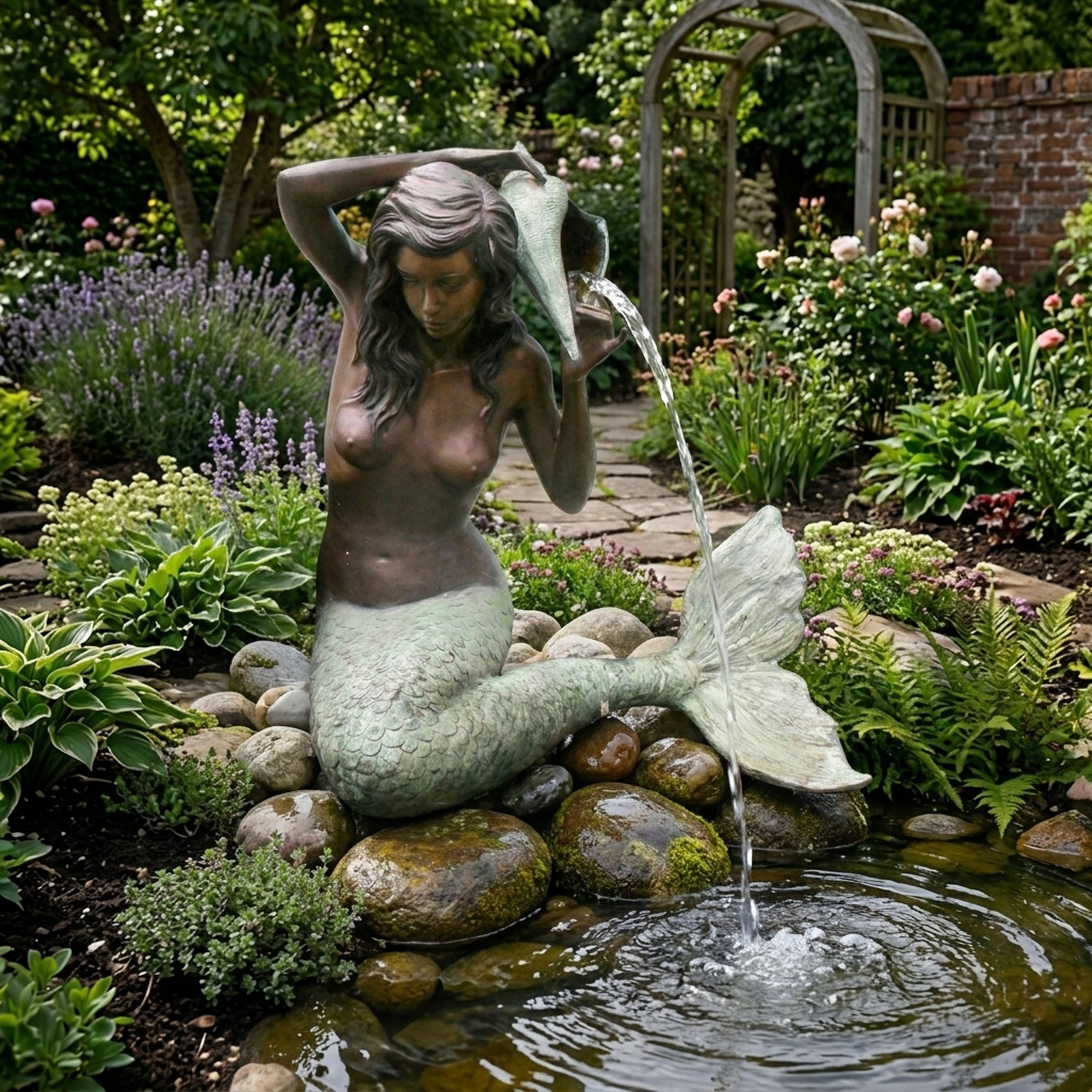 Life-Size Classical Mermaid with Conch Shell Bronze Fountain by Giant Sculptures, dual-tone brown and verdigris finish, pouring water into a rocky garden pond.