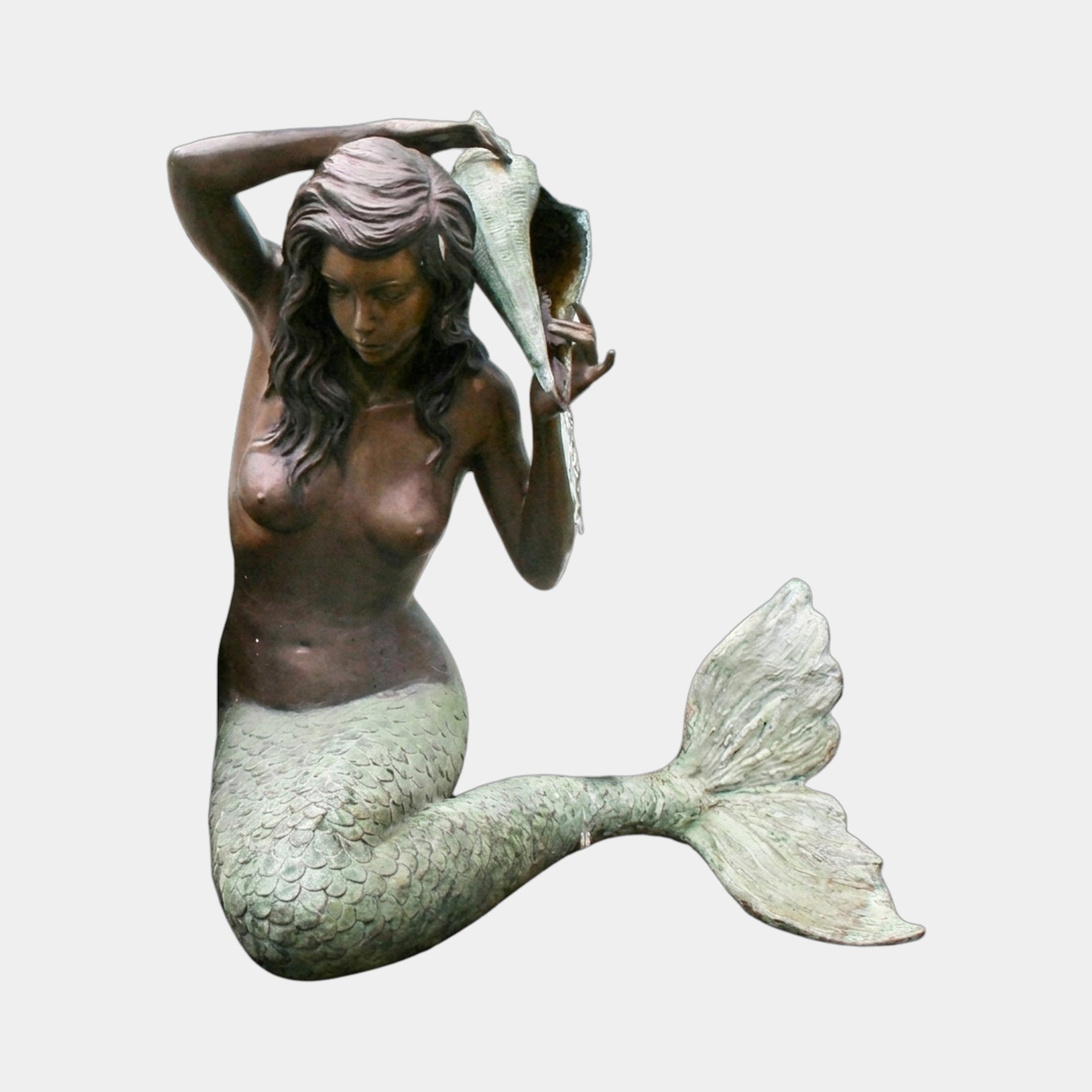 Giant Sculptures Life-Size Classical Mermaid with Conch Shell Bronze Fountain in dual-tone brown and verdigris patina, raising a conch shell, on a plain background.