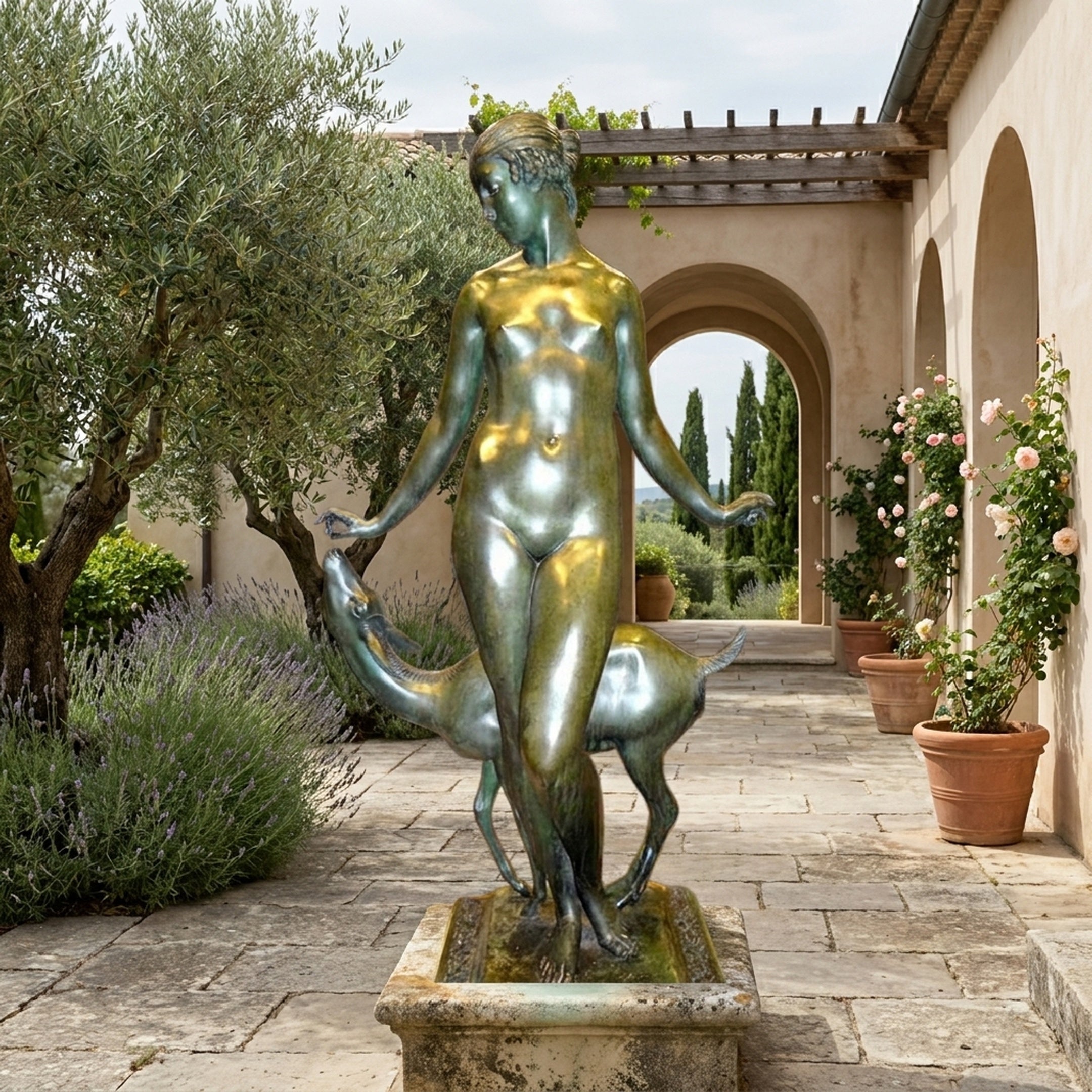 Life-Size Classical Nude Goddess with Greyhound Bronze Sculpture by Giant Sculptures in verdigris patina, displayed on a stone plinth in a Mediterranean courtyard.