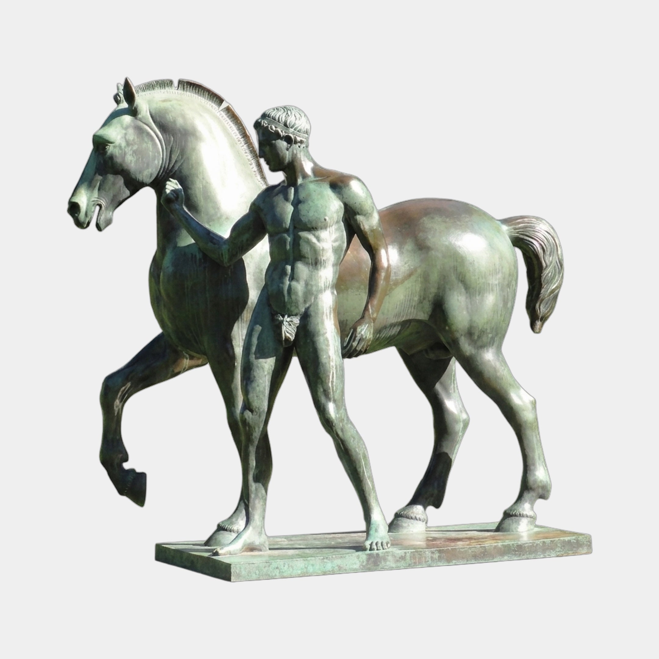 Life-Size Classical Nude Male with Horse Bronze Sculpture Companion Piece 200cm by Giant Sculptures in verdigris patina, horse mid-stride with raised foreleg.