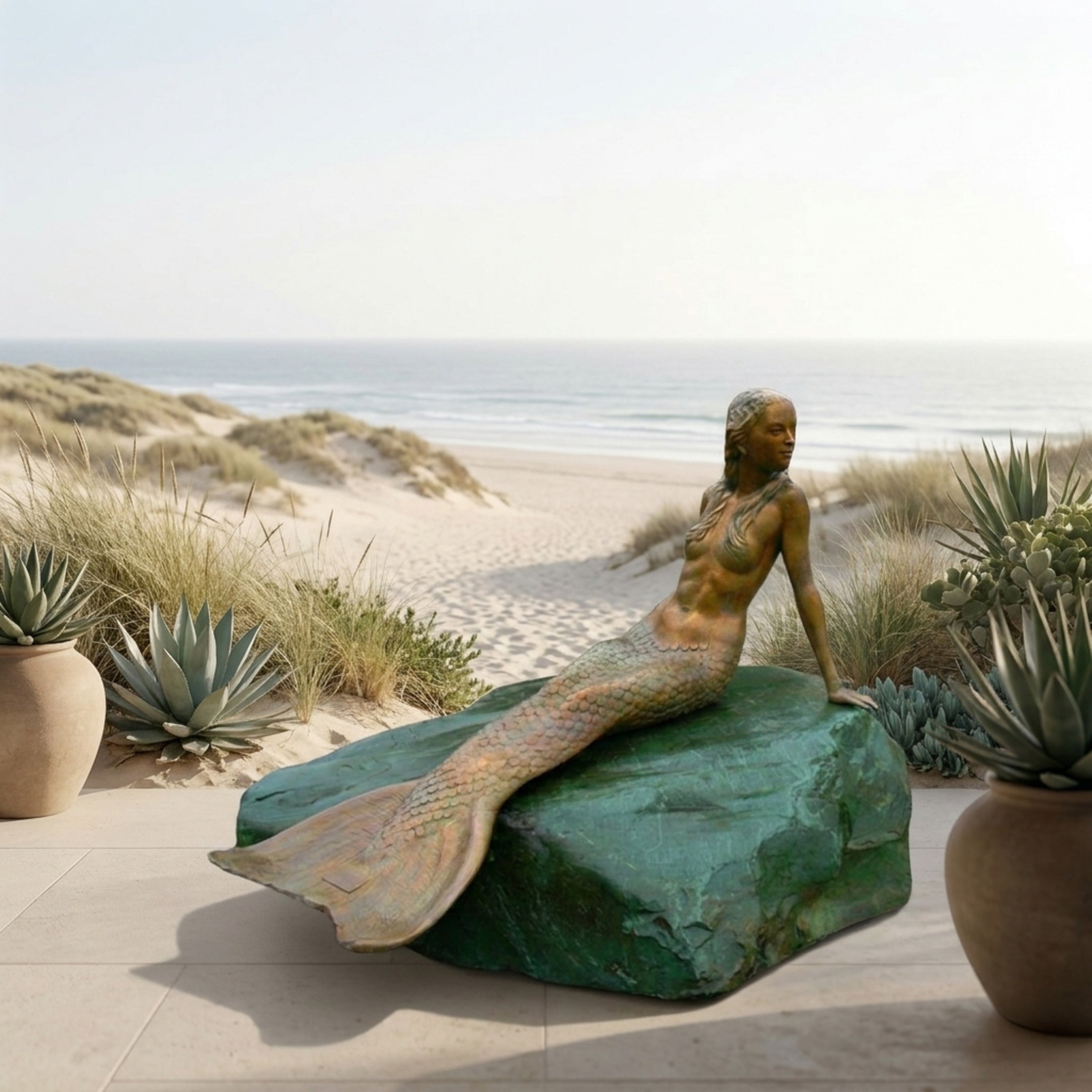 Life-Size Classical Reclining Mermaid Bronze Sculpture by Giant Sculptures, 200cm, with warm bronze figure and green verdigris rock on a seaside terrace.