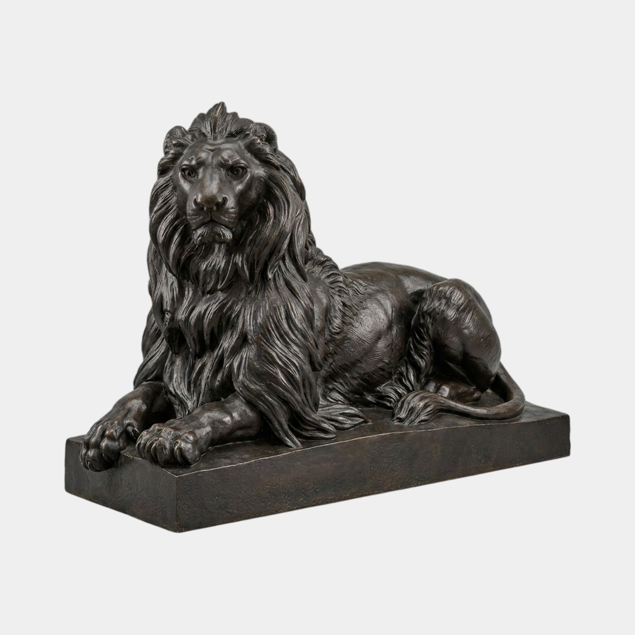 Life-Size Classical Recumbent Lion Bronze Sculpture by Giant Sculptures, shown in dark near-black patina with flowing mane and forelegs extended on a rectangular base.