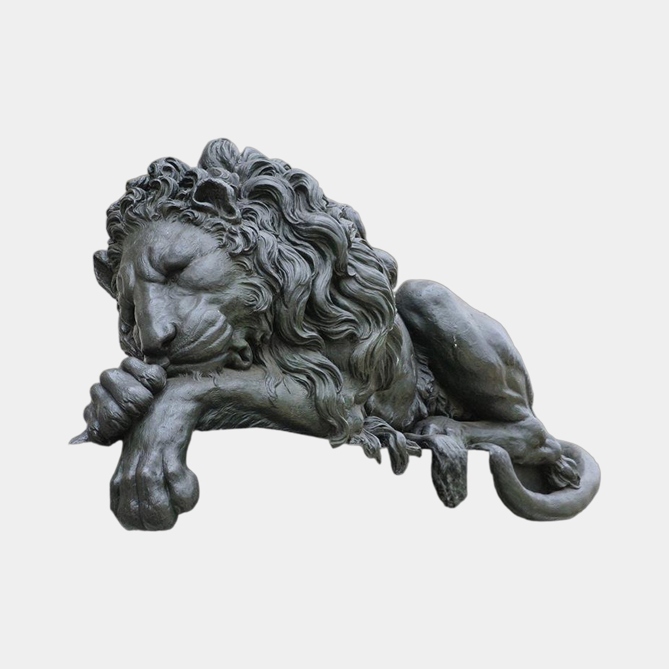 Giant Sculptures Life-Size Classical Recumbent Lion Bronze Sculpture 240cm, dark antique patina, head resting on crossed forepaws, shown on a plain background.
