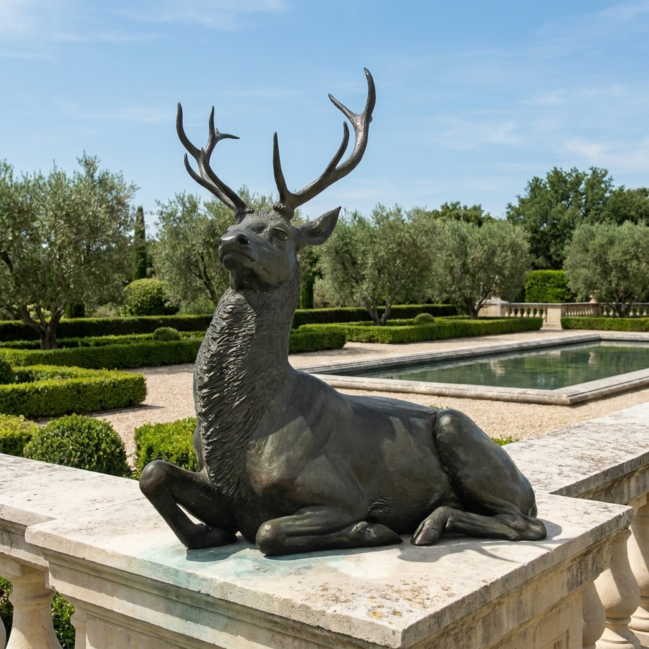 Life-Size Classical Recumbent Stag Bronze Sculpture by Giant Sculptures in dark antique patina, resting on a stone balustrade beside a formal garden pool.