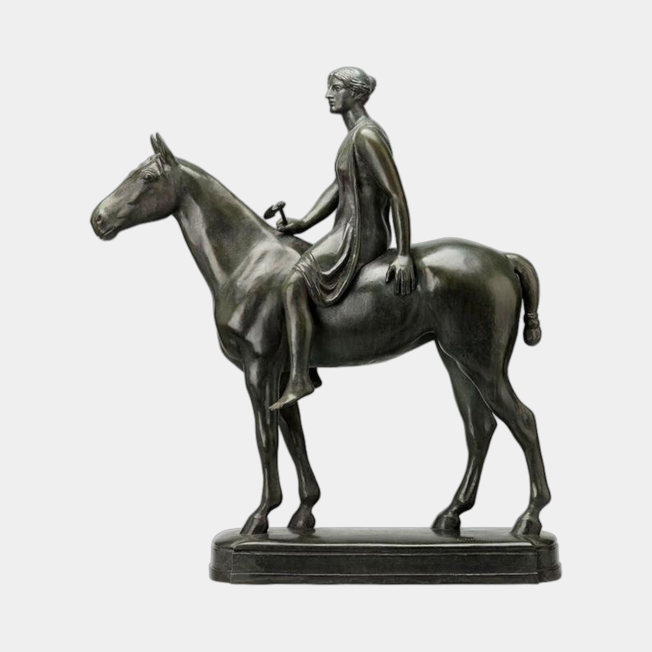 Giant Sculptures' Life-Size Classical Robed Lady on Horse Bronze Sculpture, 120cm, side view of a robed woman seated on a standing horse on a dark plinth.