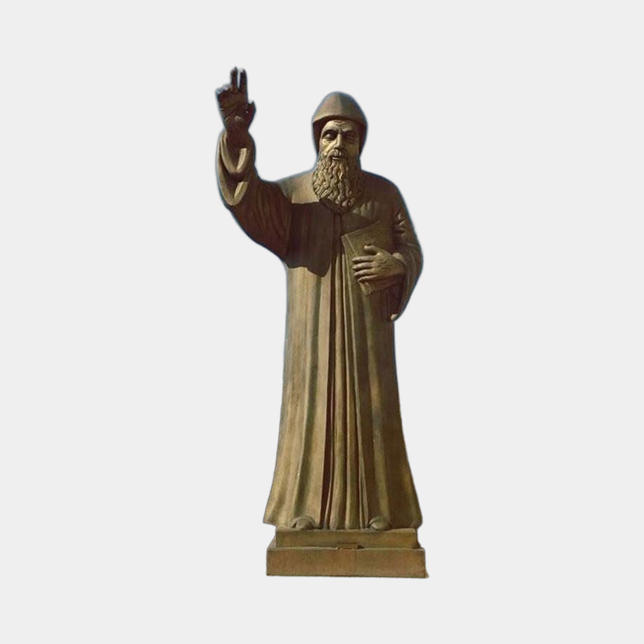 Life-Size Classical Robed Saint Bronze Statue 300cm by Giant Sculptures, bearded figure in monk's habit raising right hand in blessing, holding a book.
