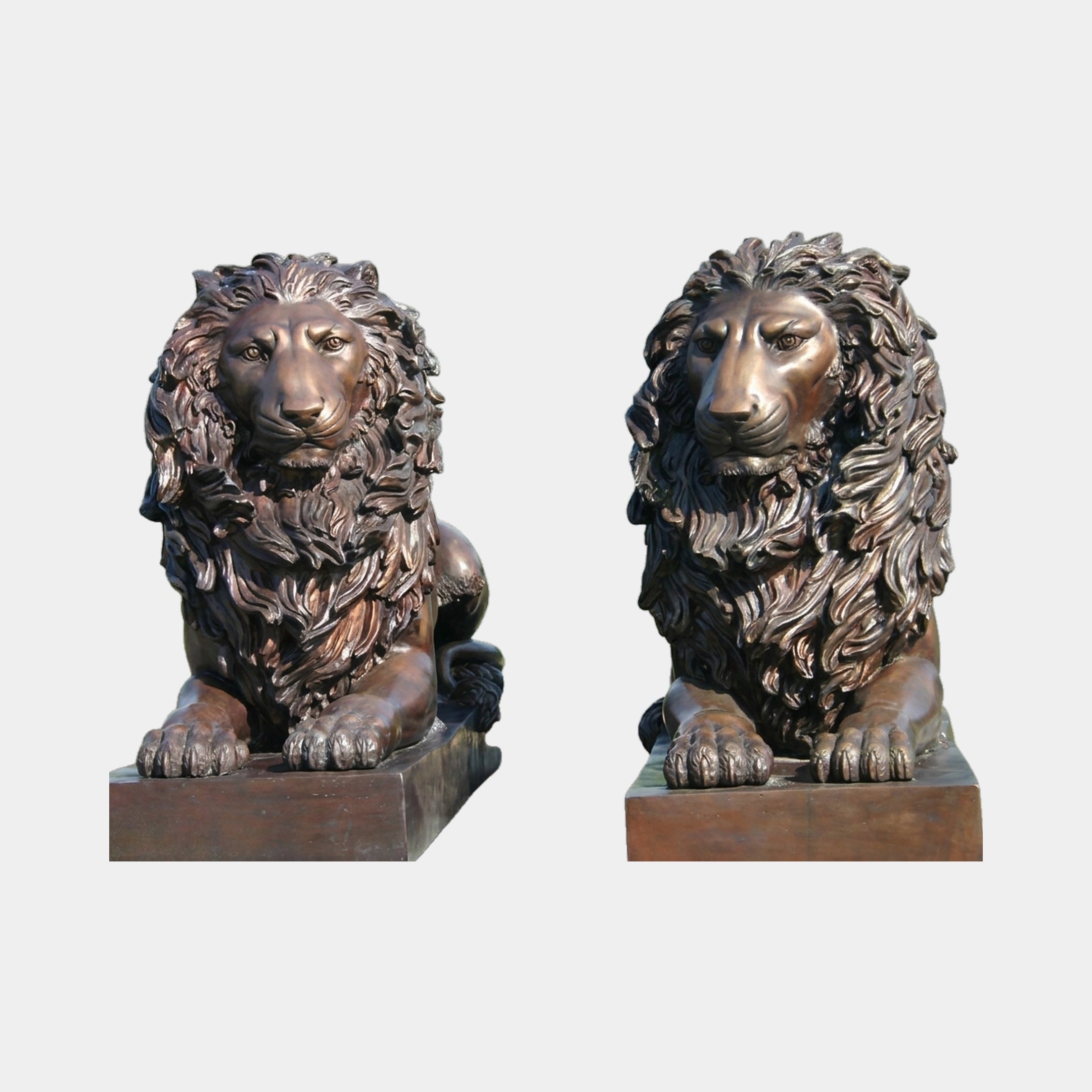 Giant Sculptures' Life-Size Classical Seated Lions Bronze Sculpture 110cm, a mirrored pair with antique bronze patina on square bases, on a plain background.