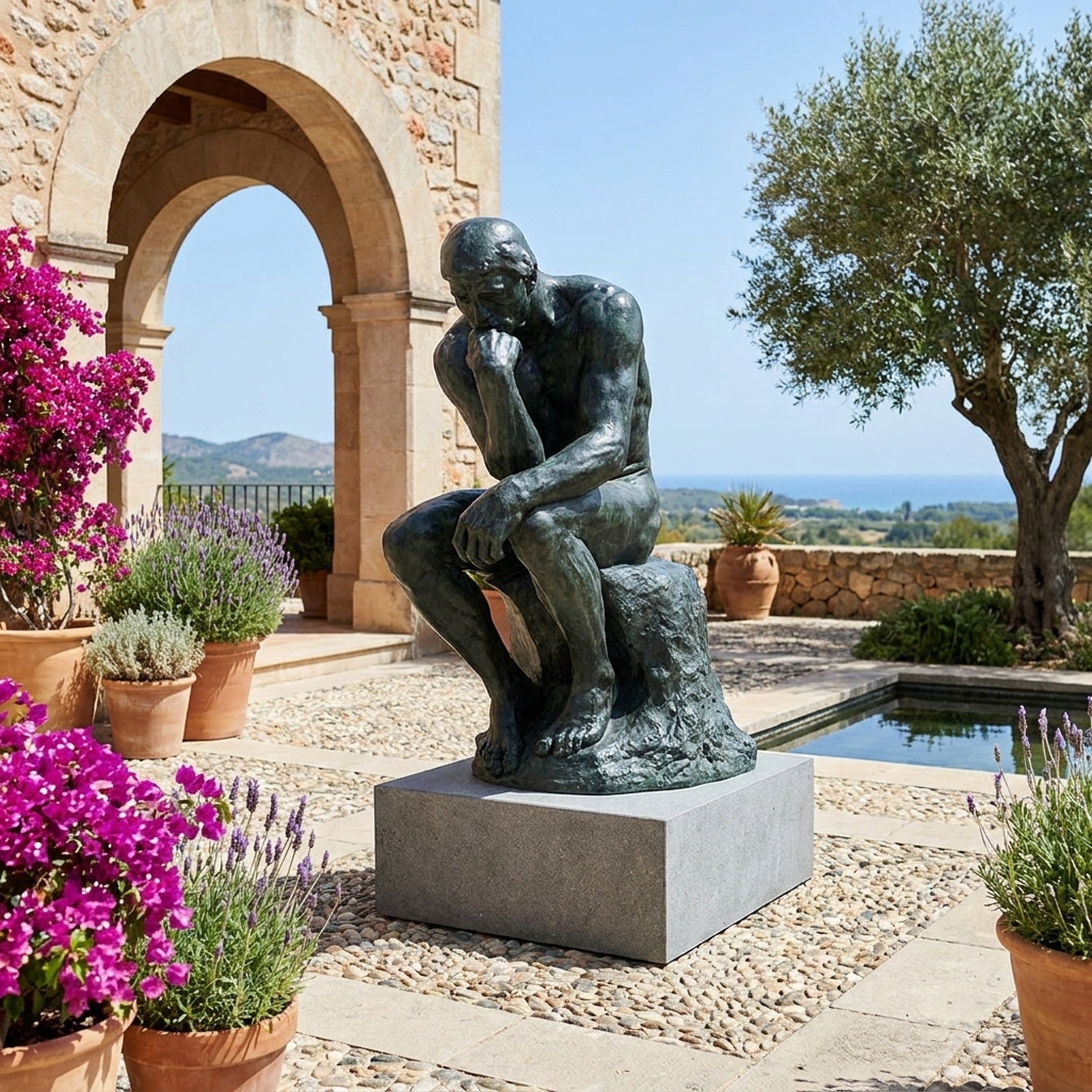 Life-Size Classical Seated Male Figure Bronze Sculpture by Giant Sculptures with verdigris patina, displayed on a grey plinth in a Mediterranean courtyard beside a pool.