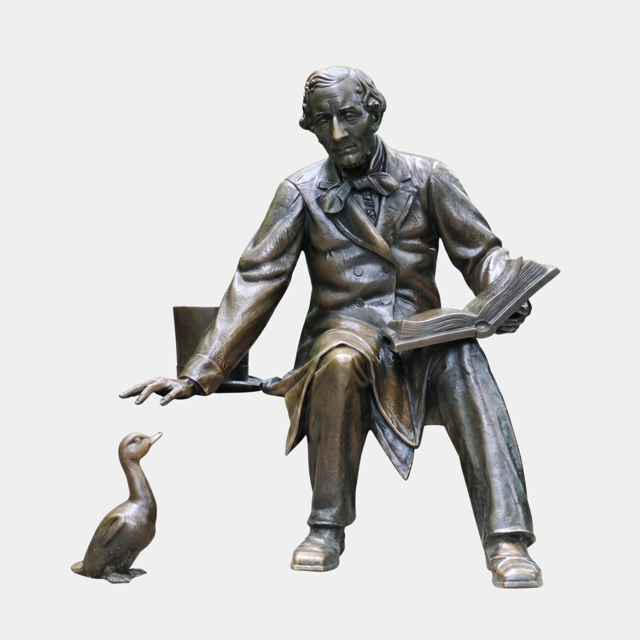 Life-Size Classical Seated Man Reading Bronze Sculpture by Giant Sculptures, 210cm Victorian gentleman with open book and small duck at his feet.